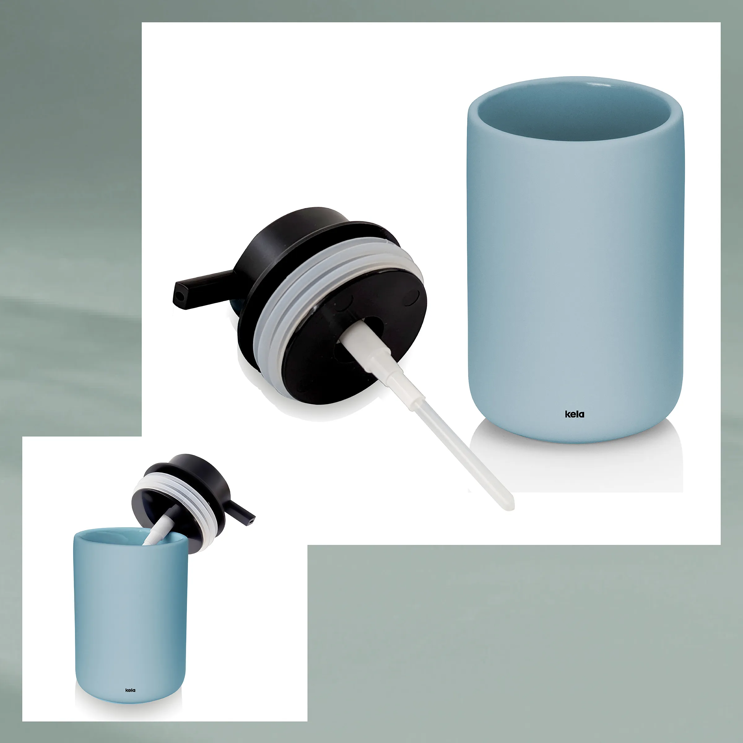 Kela Seifenspender Keramik Set Badaccessoires Kela Seifenspender Set bestehend aus zwei hellblauen Keramikbehältern mit schwarz-weißen Pumpköpfen