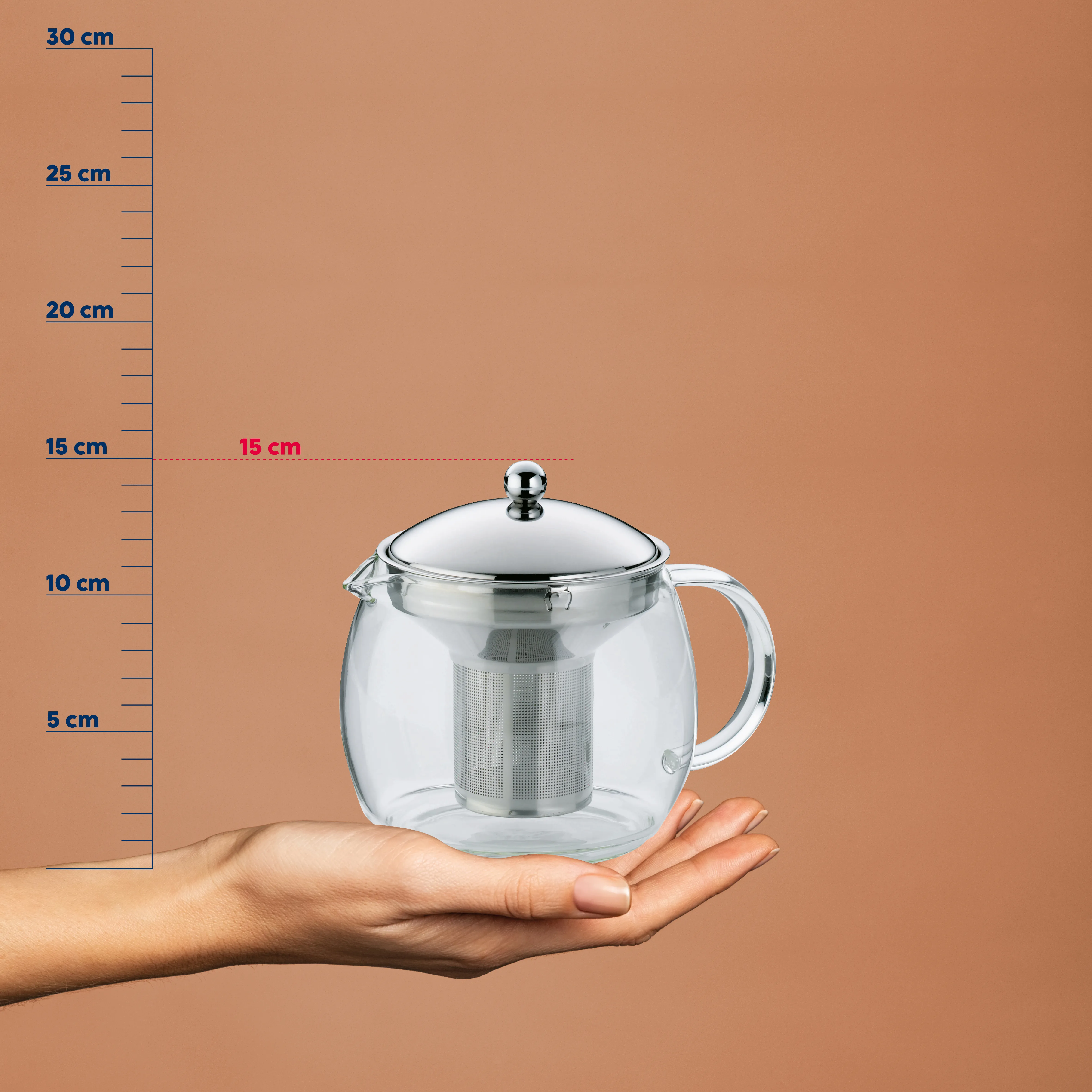 Teekanne Glas mit Infuser - Größenvergleich Glaskanne mit Sieb-Infuser und Metalldeckel, auf einer Hand gehalten, neben Messskala bis 30 cm