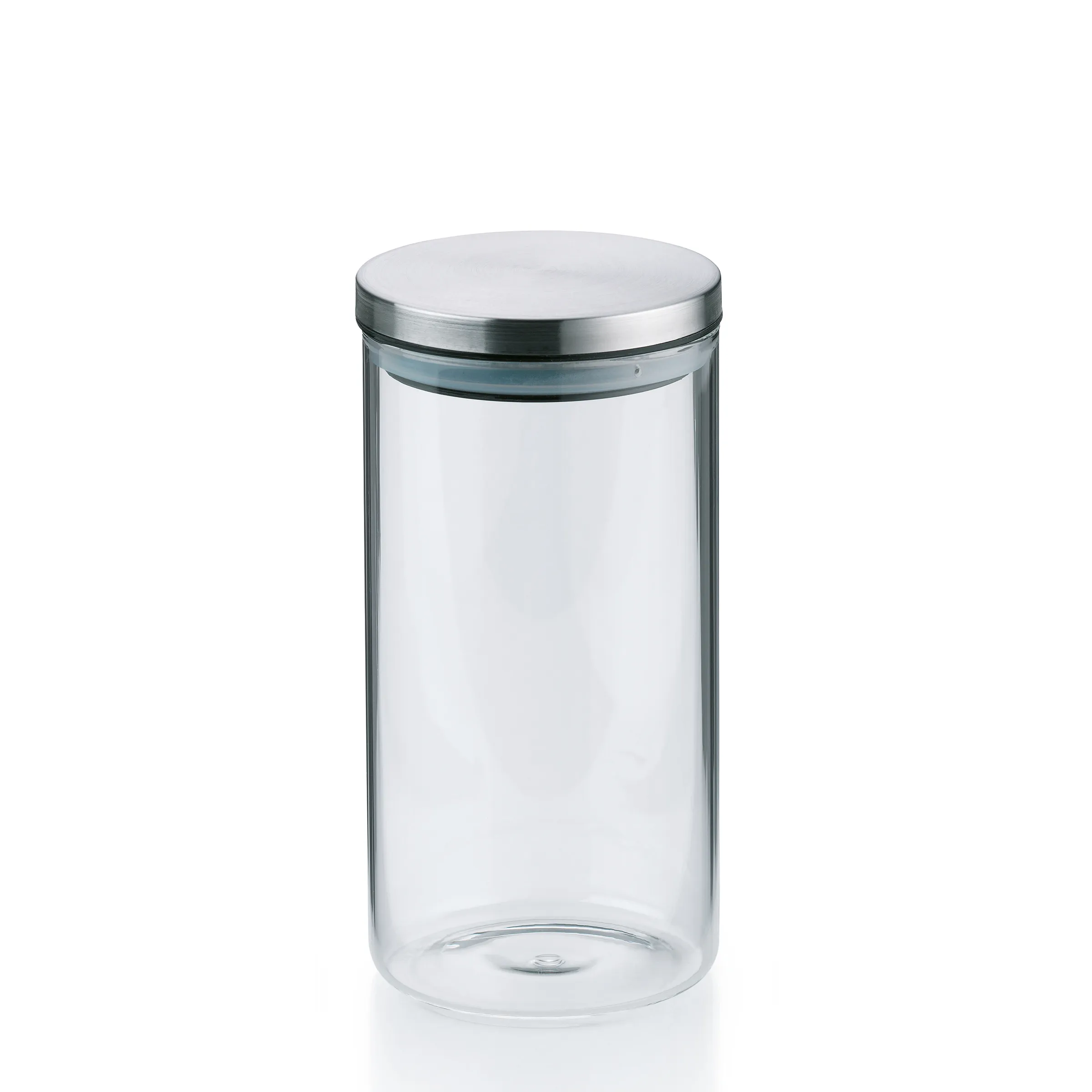 Zylindrisches Glas-Vorratsglas mit silbernem Metalldeckel und grünem Dichtungsring, leer auf weißem Hintergrund