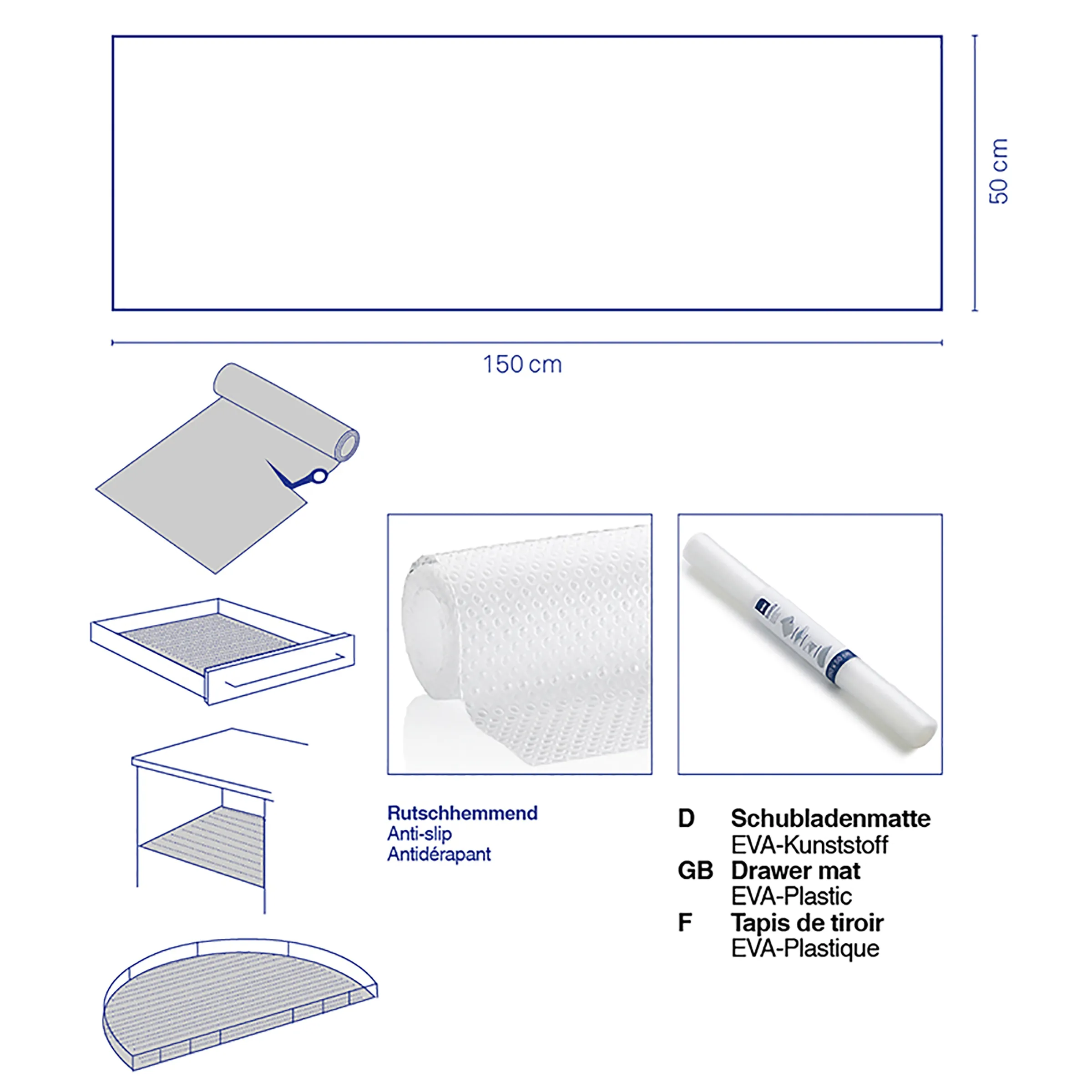 Rutschhemmende Unterlage und Schubladenmatte 150x50 cm Unterlage 150x50 cm mit Zubehör: Rutschhemmende Matte, Schubladenmatte aus EVA-Kunststoff und Schubladeneinsatz