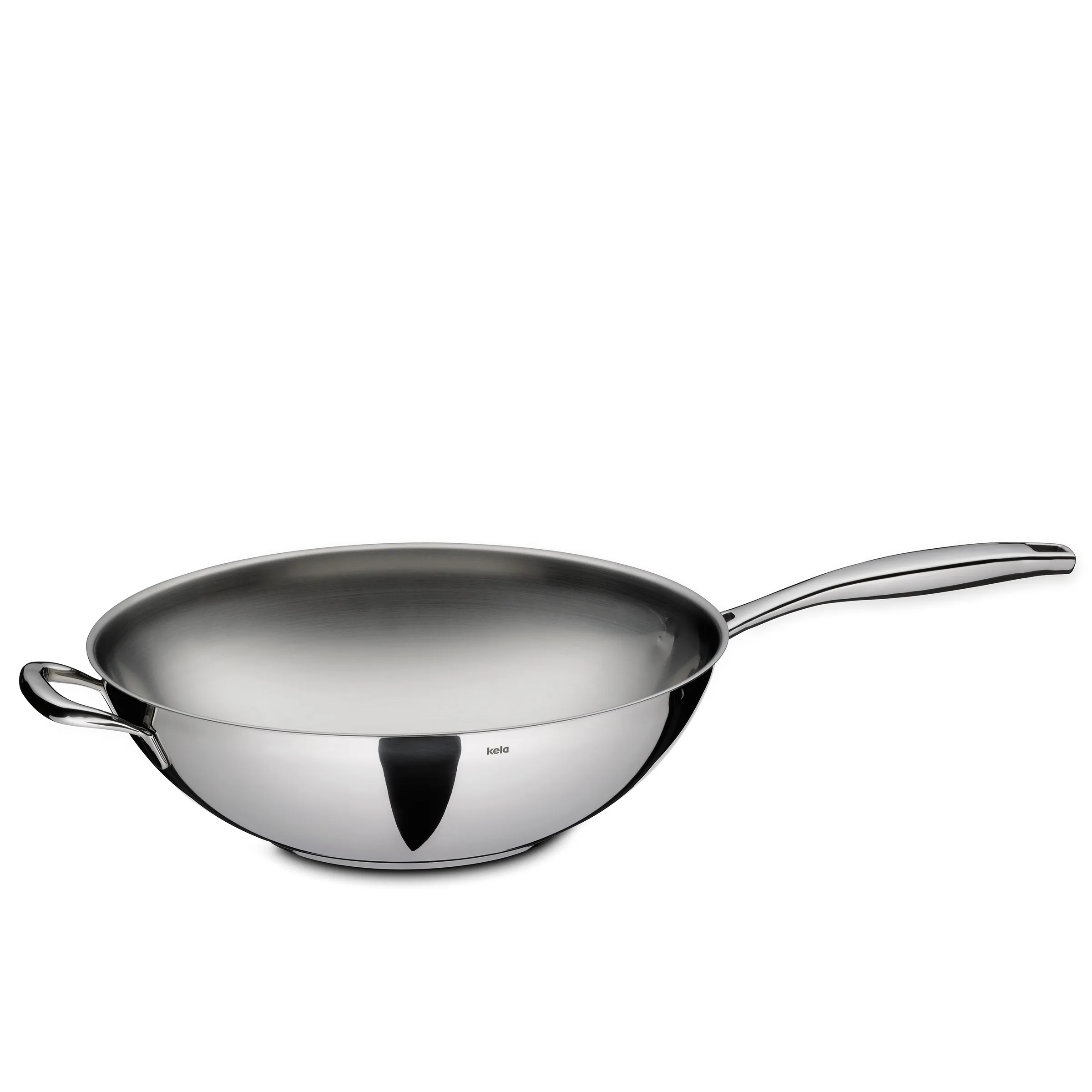 Silberne Edelstahl-Wok-Pfanne mit Griff und Doppelgriffen an den Seiten, glatte innere Oberfläche