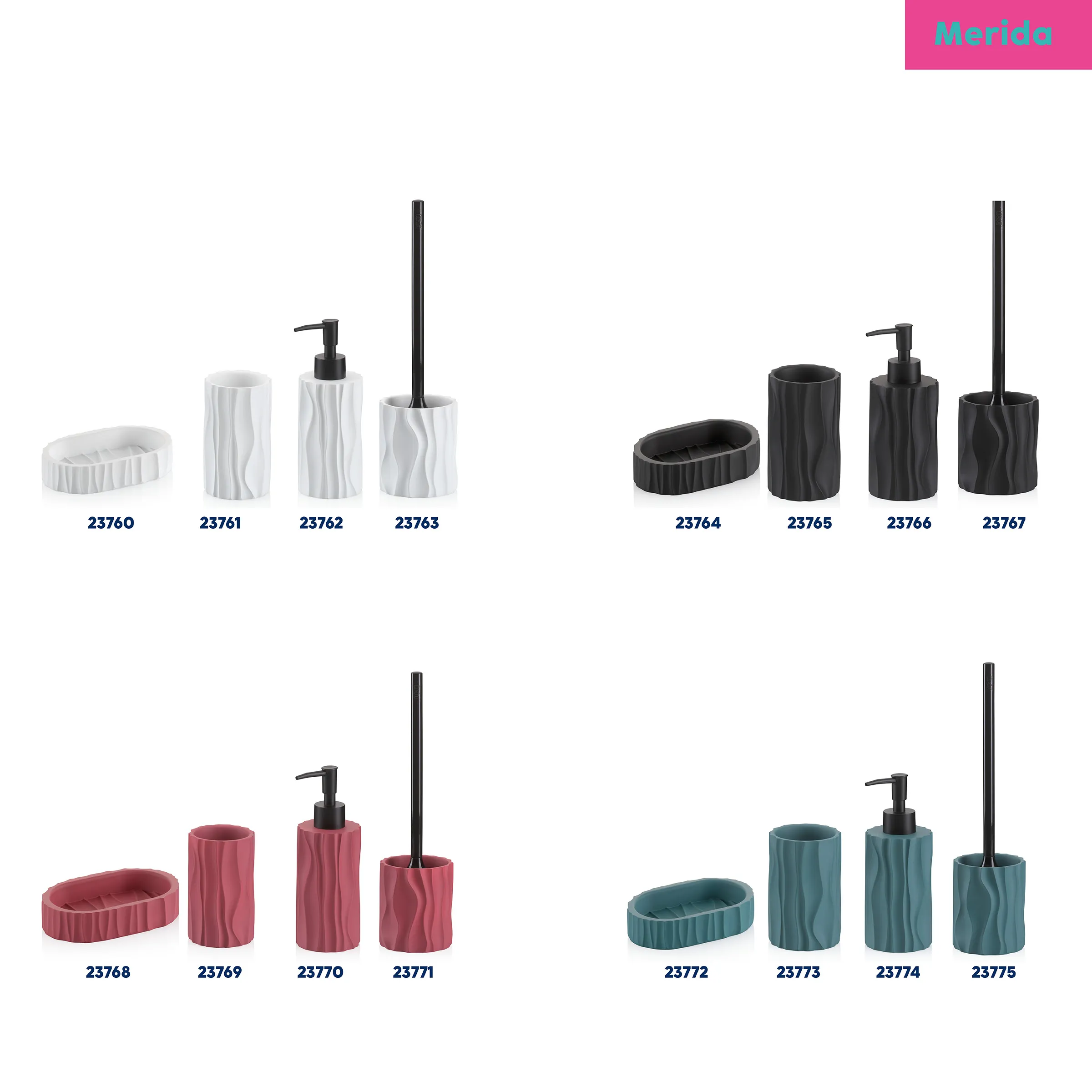 Badezimmer-Accessoires-Sets in vier Farben: Weiß, Schwarz, Rot und Blaugrün mit Seifenschale, Zahnbürstenhalter und Toilettenbürste