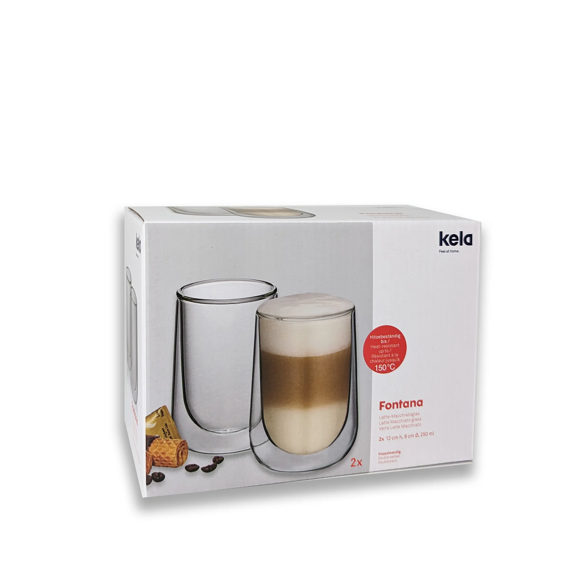 Kela Fontana doppelwandige Latte Macchiato Gläser 250ml Kela Fontana Latte Macchiato Gläser Set - 2 doppelwandige Gläser à 250ml mit Kaffeebohnen und Gebäck auf Verpackung