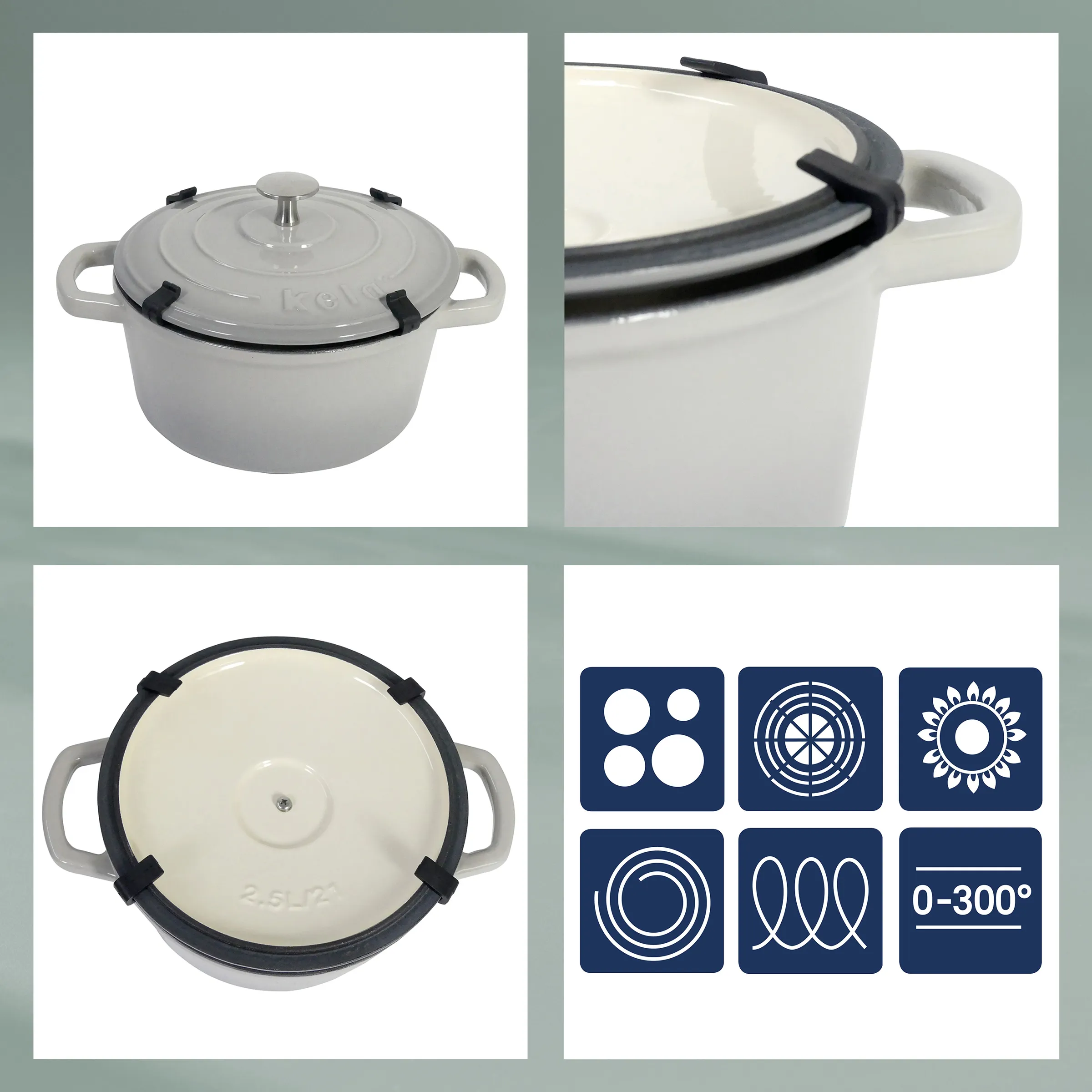 Gusseisen-Cocotte Bräter emailliert hitzebeständig Weiße Gusseisen-Cocotte mit grauem Deckel und schwarzen Griffen, verschiedene Ansichten und Symbole für Eigenschaften