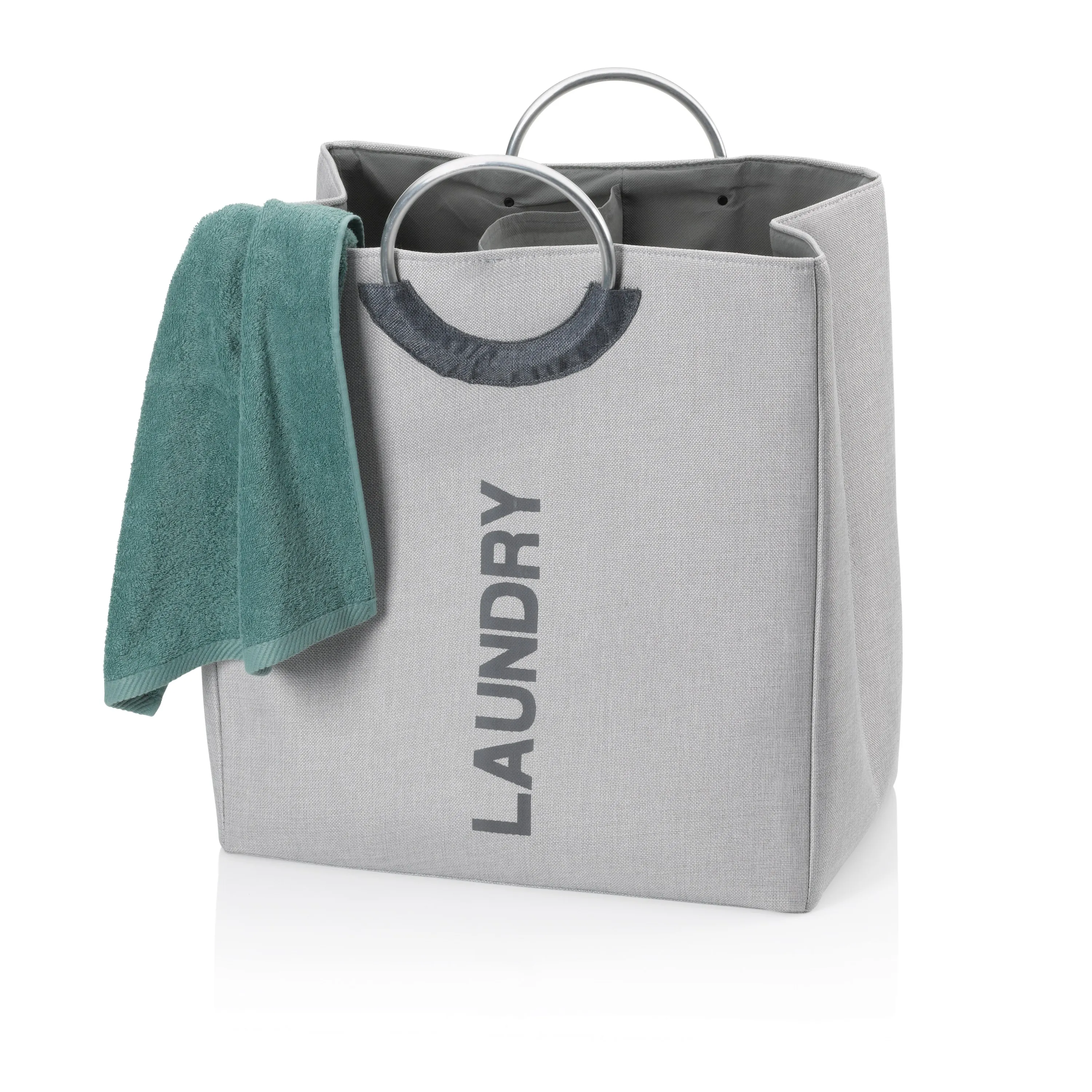Panier à Linge en Tissu - Rangement Pratique avec Poignées Panier à linge gris en tissu avec poignées métalliques et bande textile gris foncé, ouvert avec inscription.