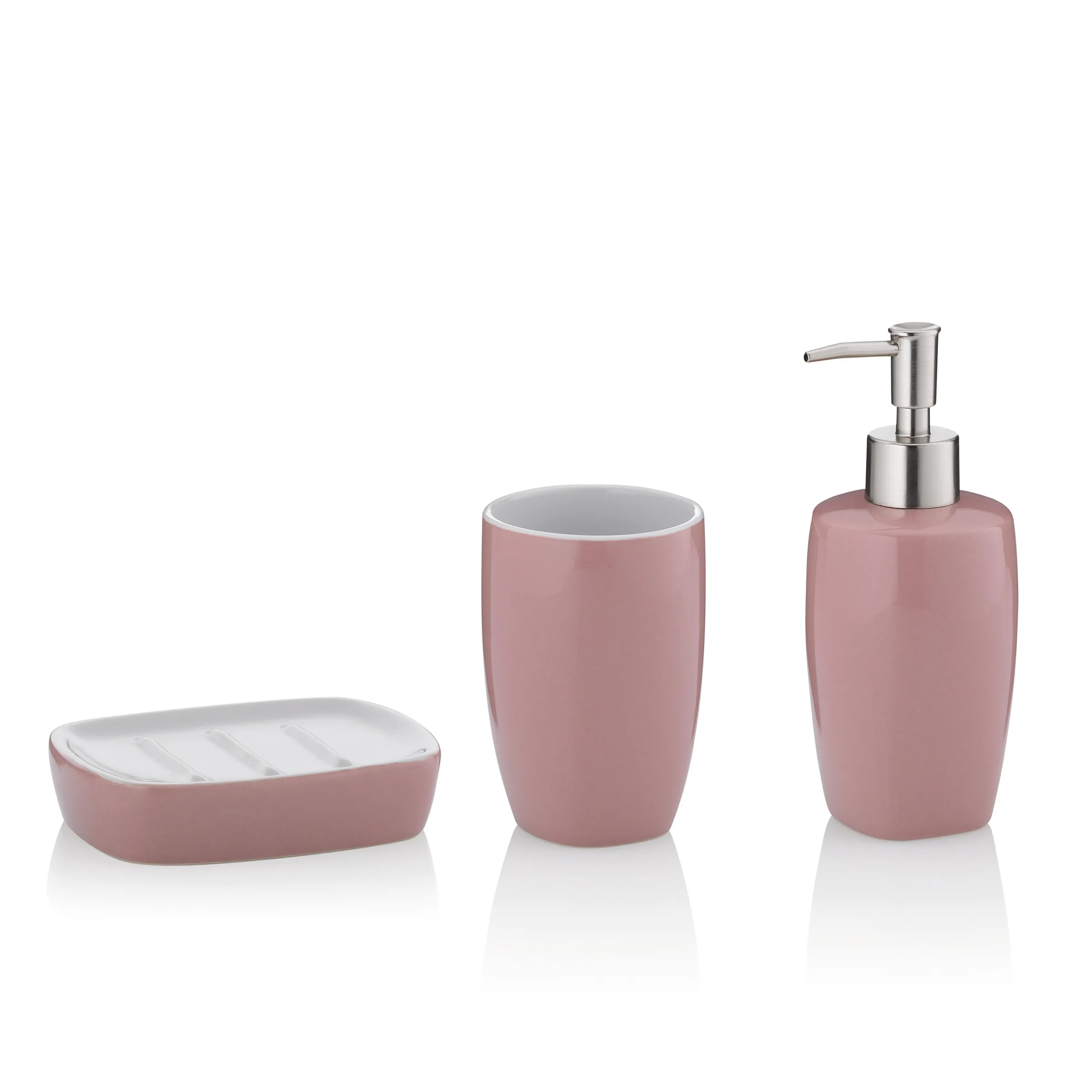 Badezimmer Set 3-teilig Rosa Seifenspender Zahnputzbecher Badezimmer-Set aus drei Teilen in Mauve-Rosa: Seifenschale, Zahnputzbecher und Seifenspender mit Edelstahlpumpe