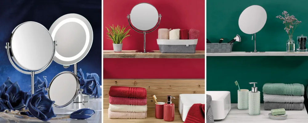 Badezimmer Accessoires Set mit beleuchteten Spiegeln Badezimmer-Set mit LED-Spiegeln, Handtüchern und Badaccessoires in Blau, Rot und Grün