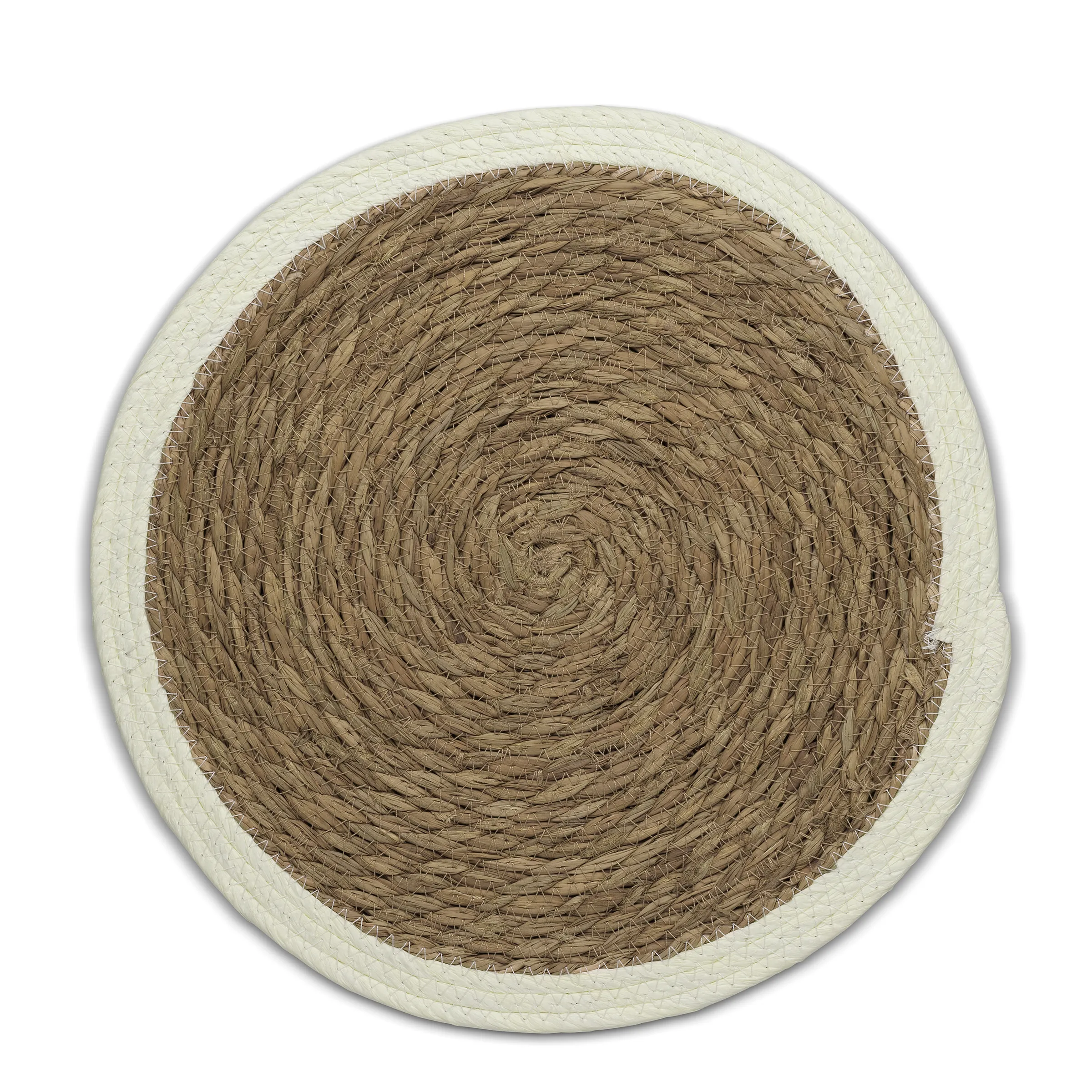 Runde geflochtene Tischset Platzdeckchen Natur Jute zweifarbig beige braun Runder geflochtener Platzdeckchen aus Naturmaterialien mit beigem Rand und braunem Zentrum von oben fotografiert