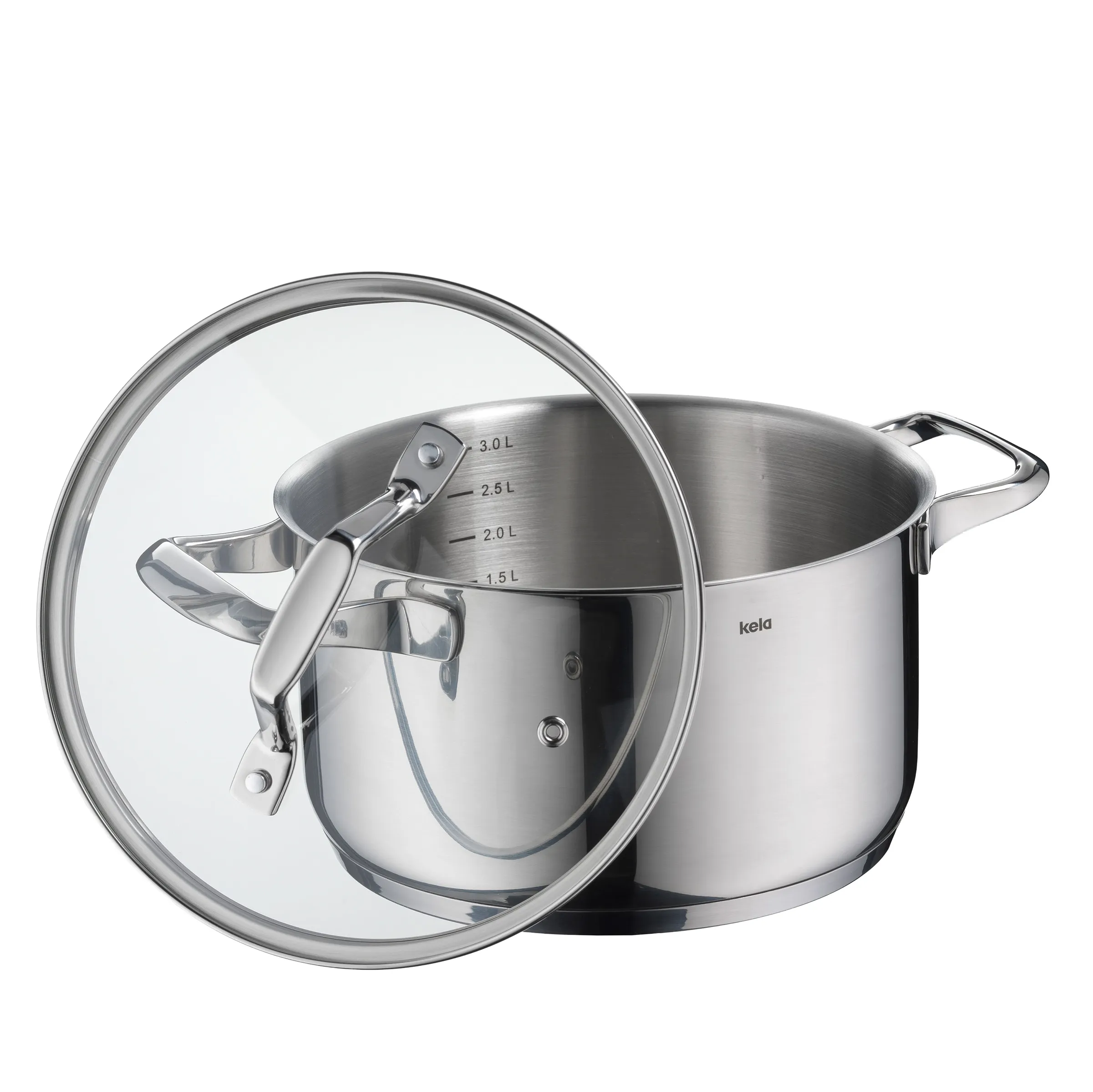 Kela Edelstahl-Kochtopf mit Glasdeckel und Messskala - 3 Liter Kochtopf Kela Edelstahl-Kochtopf mit Glasdeckel und Messskala, 3 Liter Fassungsvermögen, mit zwei Griffen