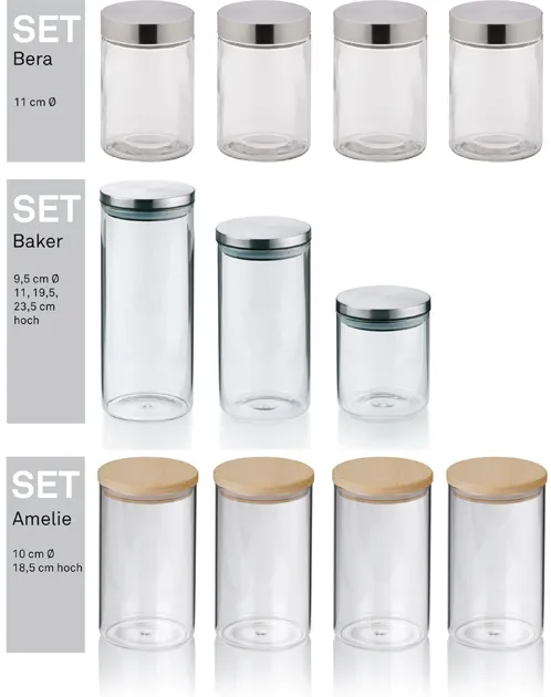 Glasbehälter Set Bera Baker Amelie Aufbewahrung Drei Glasbehälter-Sets: Bera mit silbernen Deckeln, Baker mit grünen Bändern, Amelie mit Holzdeckeln