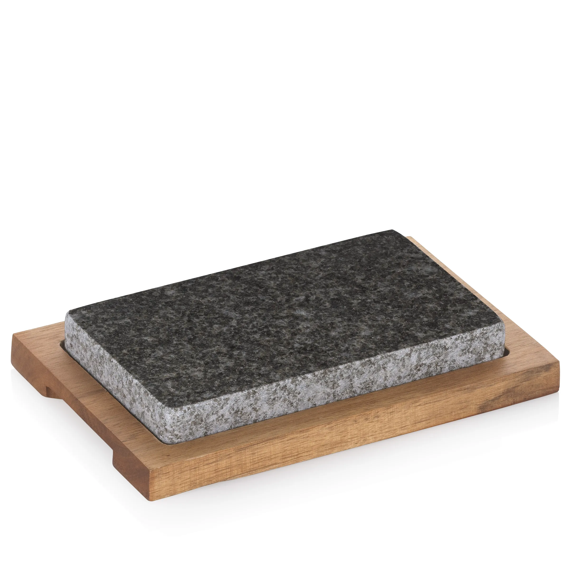 Granitspelzstein mit Holzbrett - Lava-Stein Küchenplatte Granitspelzstein auf Holzbrett mit Griffen, polierte schwarze Oberseite, rustikal-modernes Küchendesign.