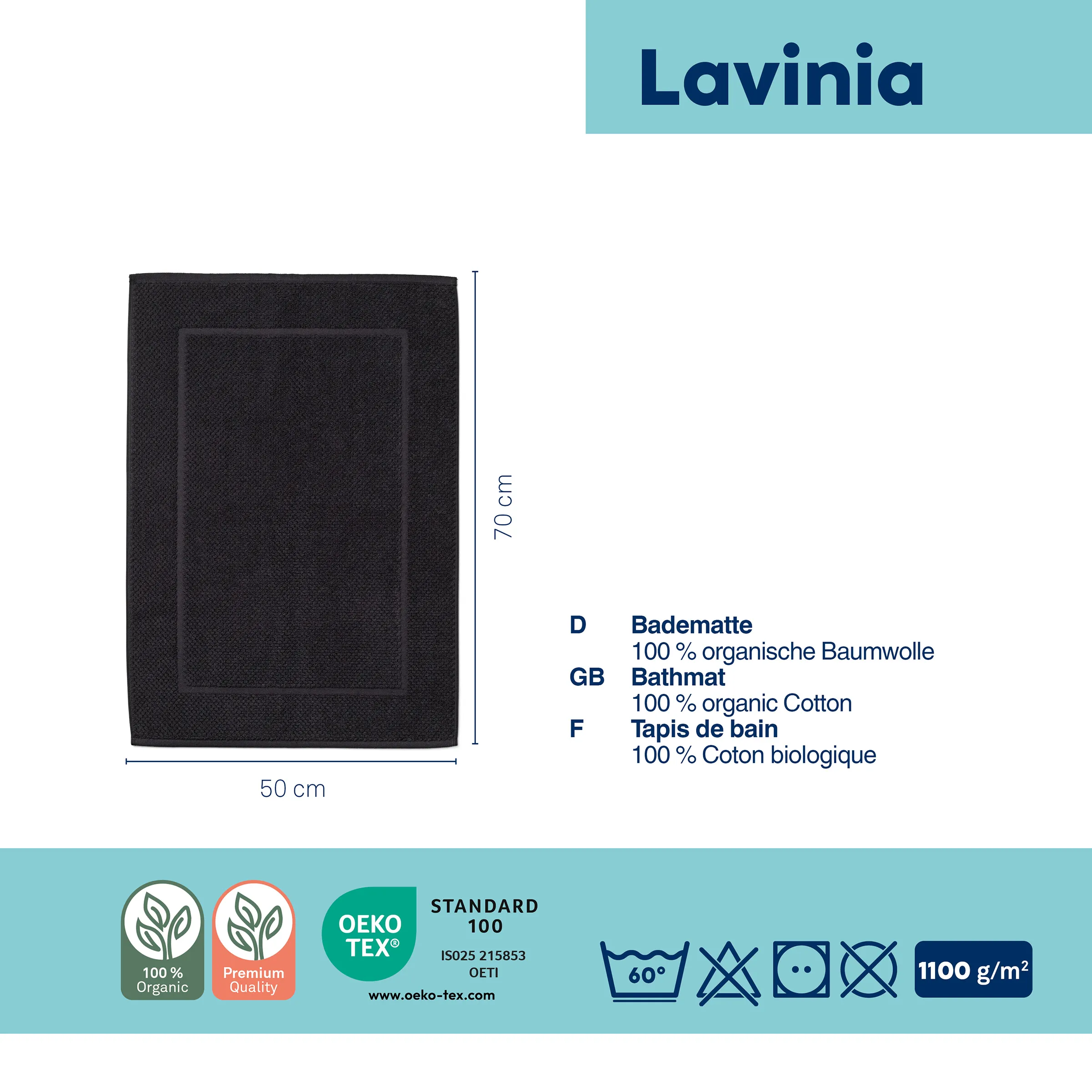 Lavinia Badematte Bio-Baumwolle schwarz 50x70cm OEKO-TEX zertifiziert Schwarze Lavinia Badematte aus Bio-Baumwolle, 50x70cm, mit OEKO-TEX Standard 100 Zertifizierung