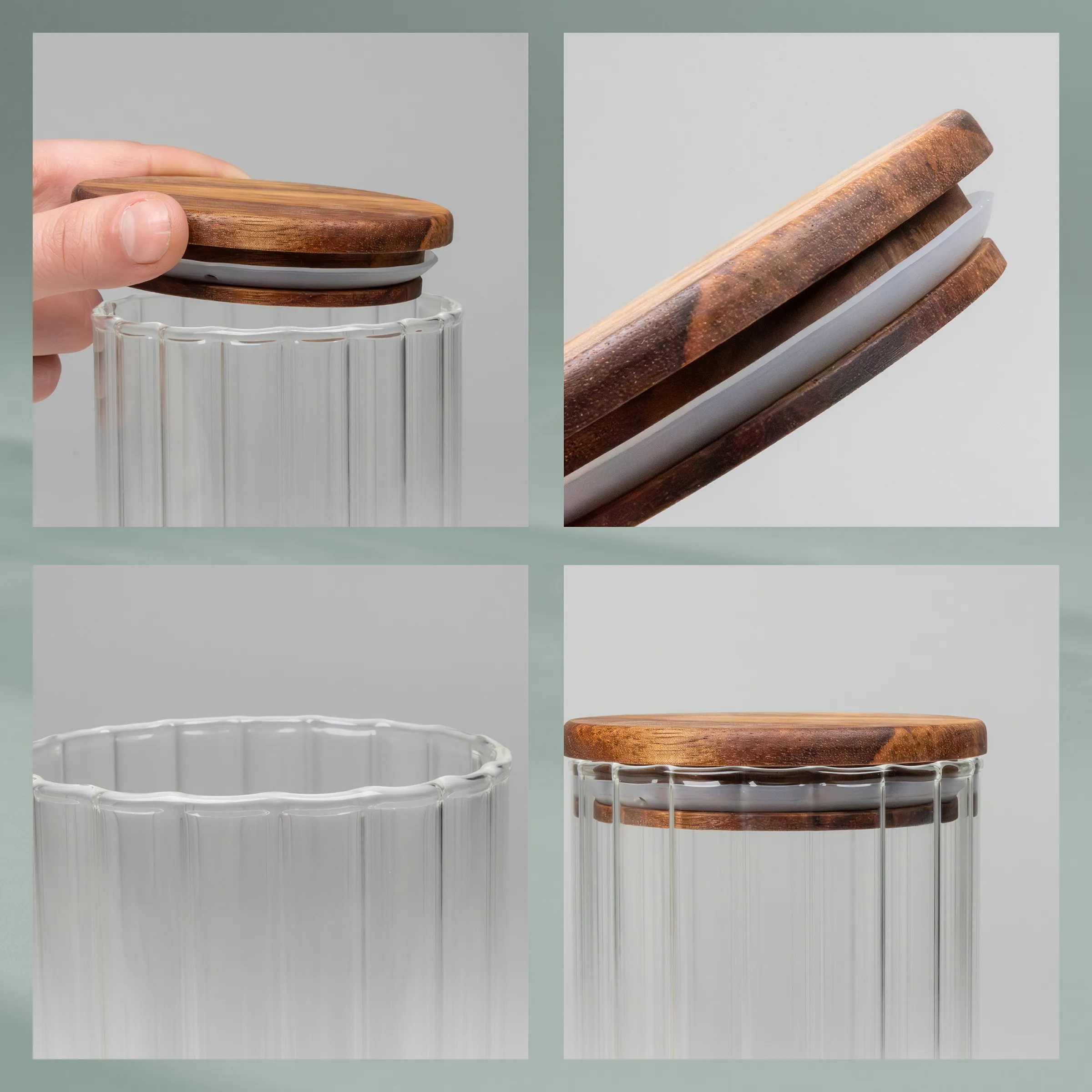 Vorratsglas mit Holzdeckel und gerilltem Design – Küchenbehälter Glasgefäß mit gerillter Oberfläche und Holzdeckel in verschiedenen Ansichten