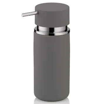Grauer Seifenspender mit Metallpumpe und glänzendem Chromring, modernes Design für Badezimmer