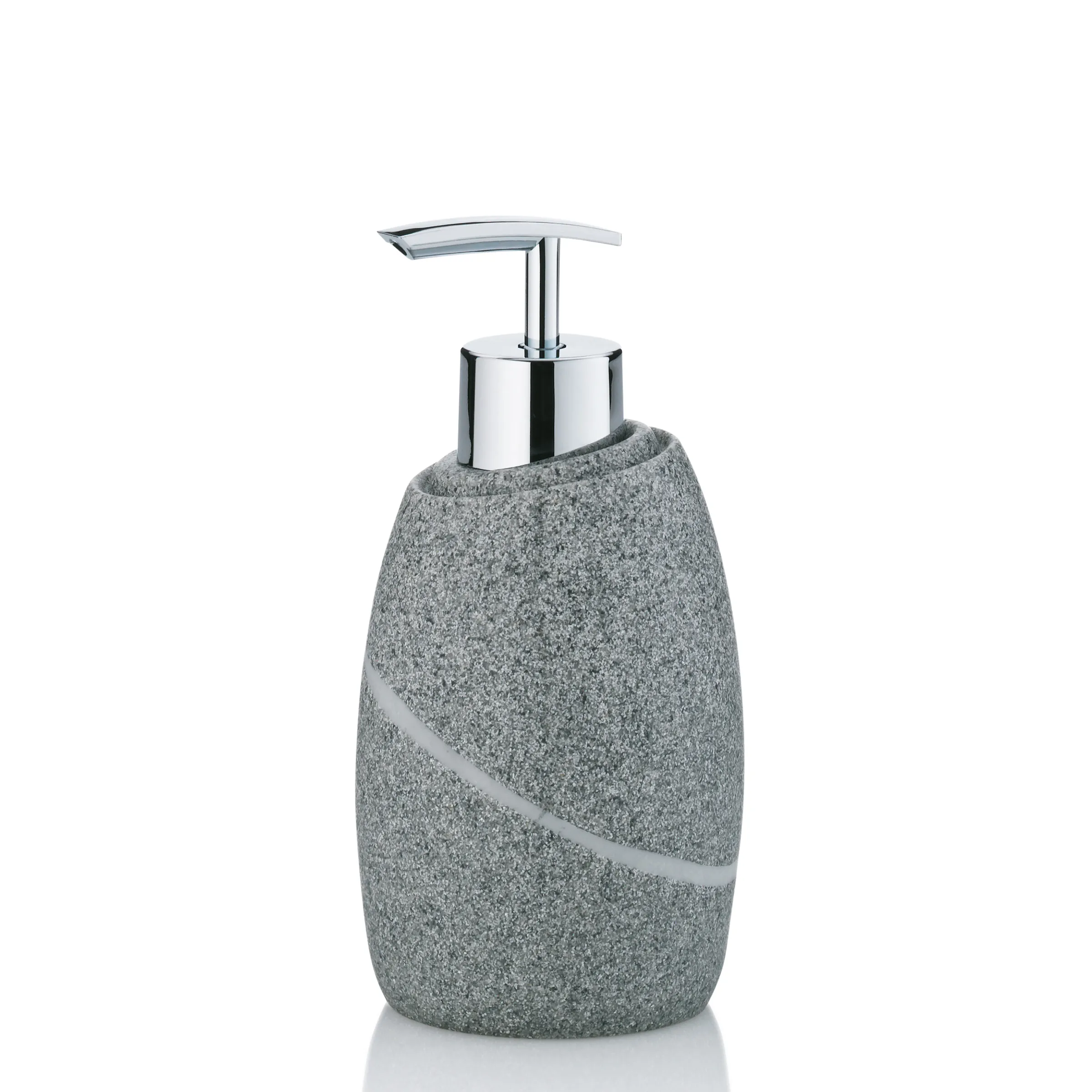 Grauer Seifenspender aus Keramik mit verchromtem Pumpenkopf und dekorativem Band-Design.