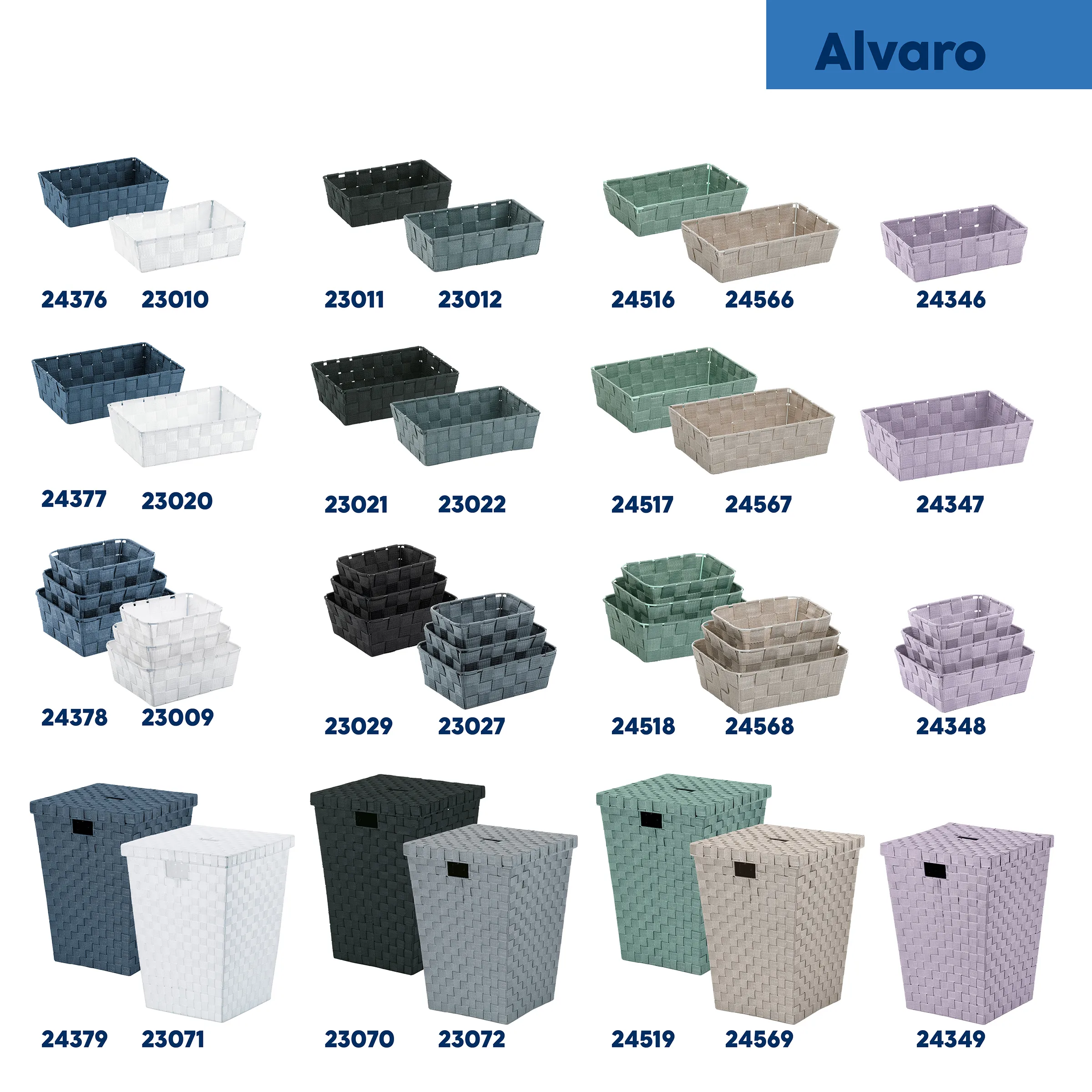 Alvaro Aufbewahrungskörbe und Wäschekörbe geflechtet Alvaro Kollektion: Geflochtene Aufbewahrungskörbe und Wäschekörbe in verschiedenen Farben und Größen mit Produktnummern