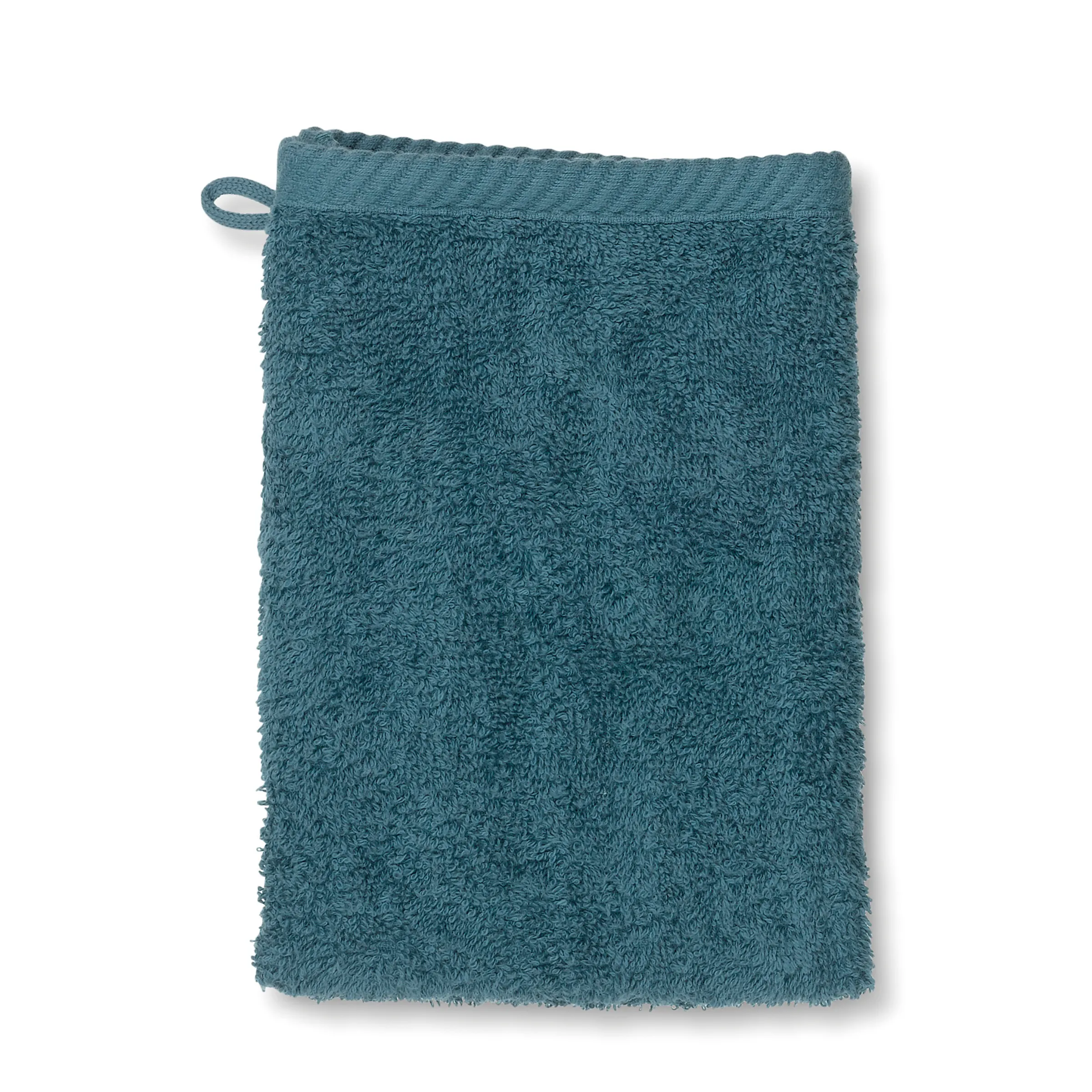 Waschlappen Frottee blaugrün mit Aufhängeschlaufe Blaugrüner Frottee-Waschlappen mit geripptem Rand und praktischer Schlaufe zum Aufhängen.