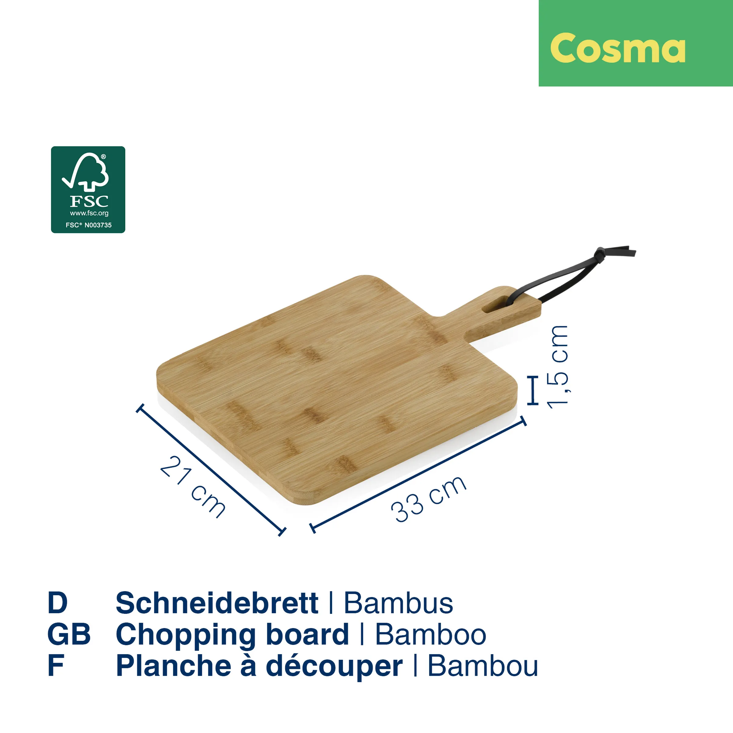FSC-zertifiziertes Schneidebrett aus Bambus mit Griff und Aufhängeschlaufe, Maße 33x21x1,5 cm, Cosma Marke