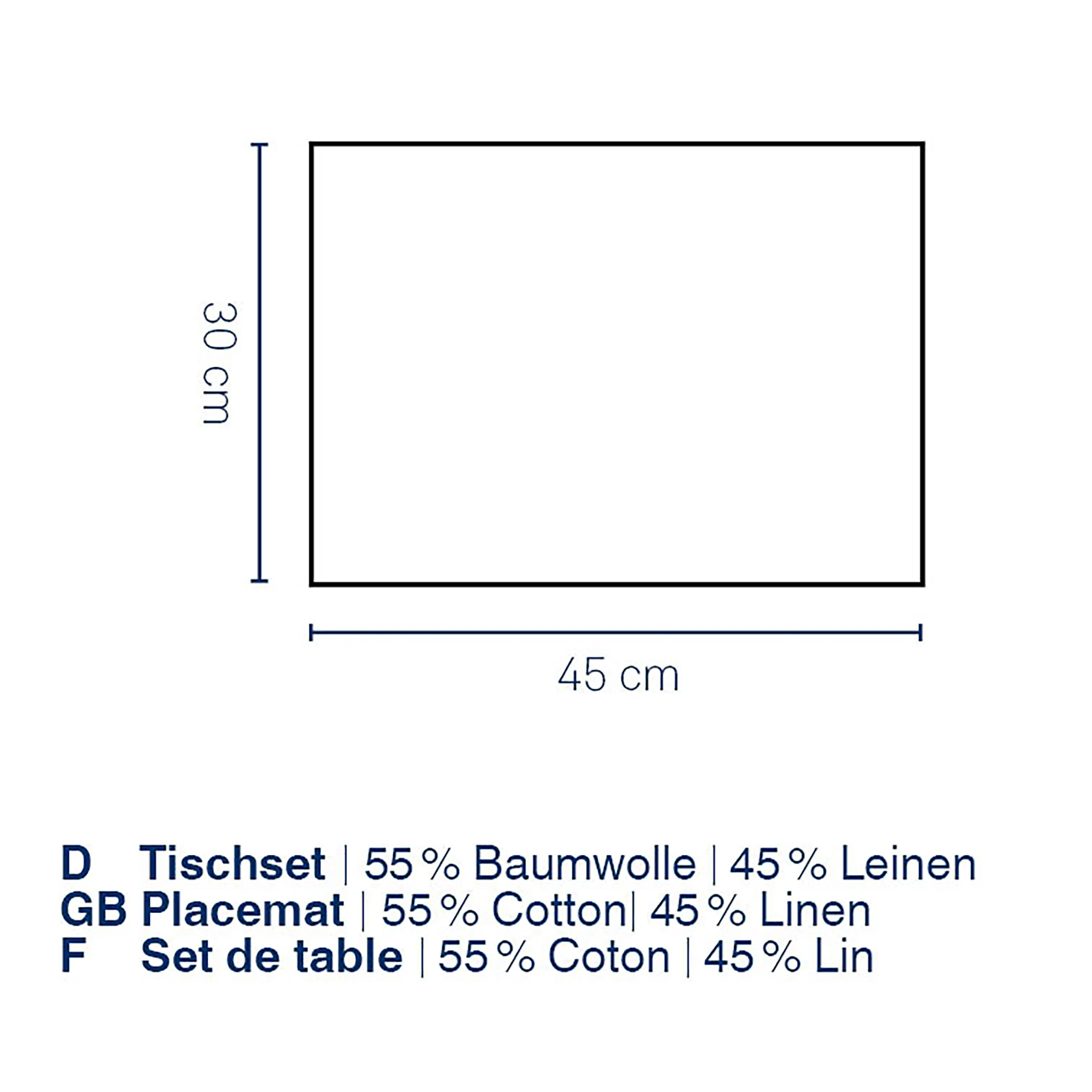 Tischset 45x30 cm Baumwolle Leinen Rechteckiges Tischset mit Maßangaben: 45 cm Breite, 30 cm Höhe. Material: 55% Baumwolle, 45% Leinen.
