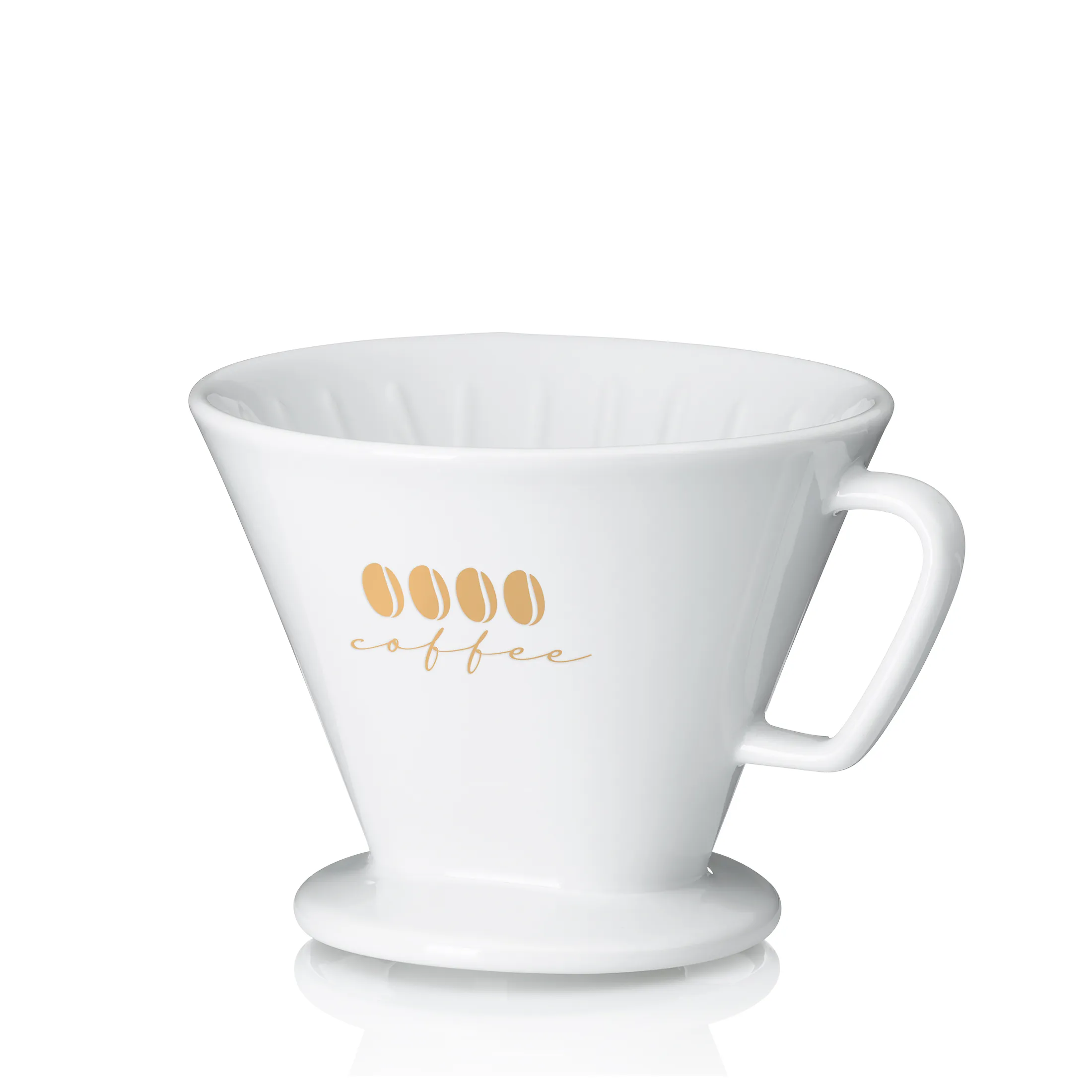 Porzellan Kaffeefilter Weiß mit Griff - Coffee Design Handfilter Weißer Porzellan Kaffeefilter mit goldenem Coffee-Motiv und seitlichem Griff auf weißem Hintergrund