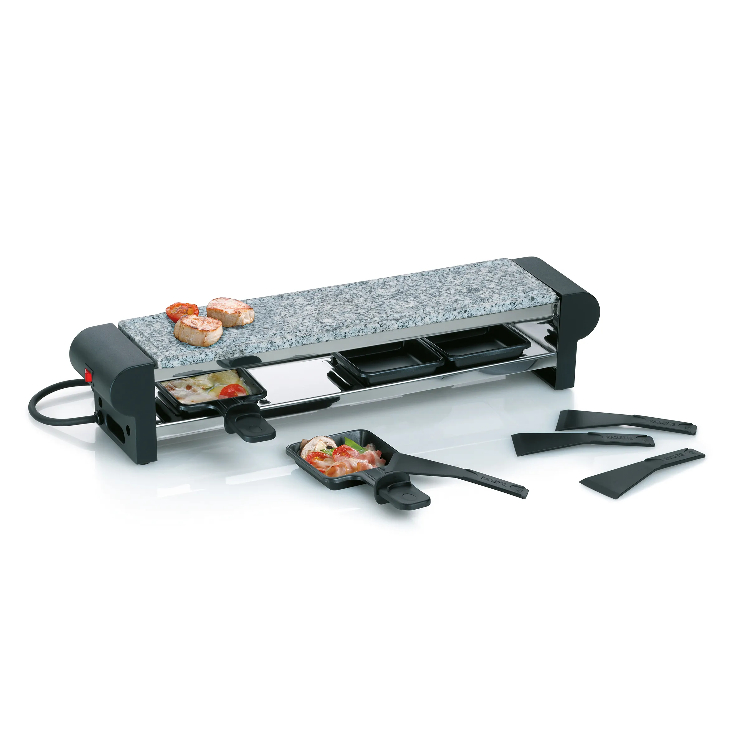 Raclette-Grill mit Granit-Heizplatte und Pfännchen für geselliges Kochen Raclette-Grill mit Granit-Heizplatte, schwarzen Pfännchen und Schaber, mit Meeresfrüchten belegt