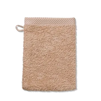 Beige Waschhandschuh aus weicher Baumwolle mit strukturiertem Gewebe und praktischer Aufhängeschlaufe