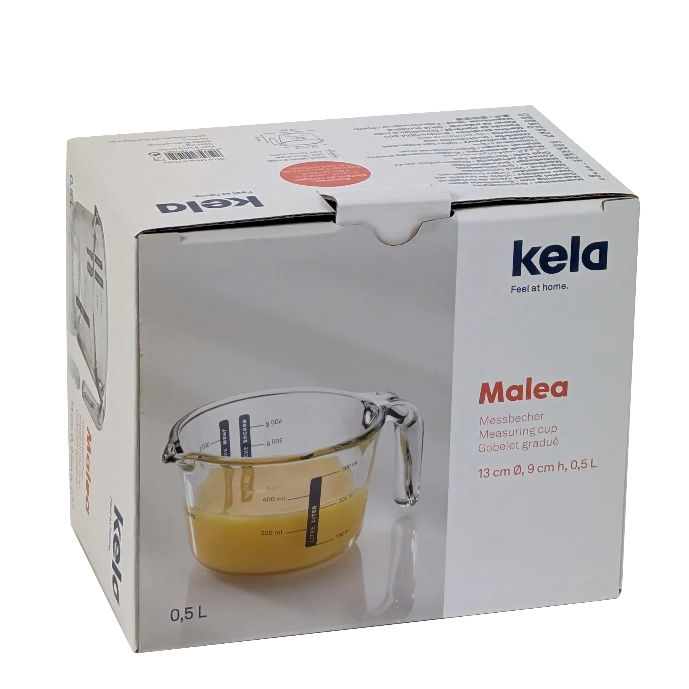 Kela Malea Messbecher Glas 0,5 L Küchenzubehör Kela Malea Messbecher aus Glas mit Markierungen, 0,5 L Inhalt, mit Griff und Ausguss zum Dosieren von Flüssigkeiten.