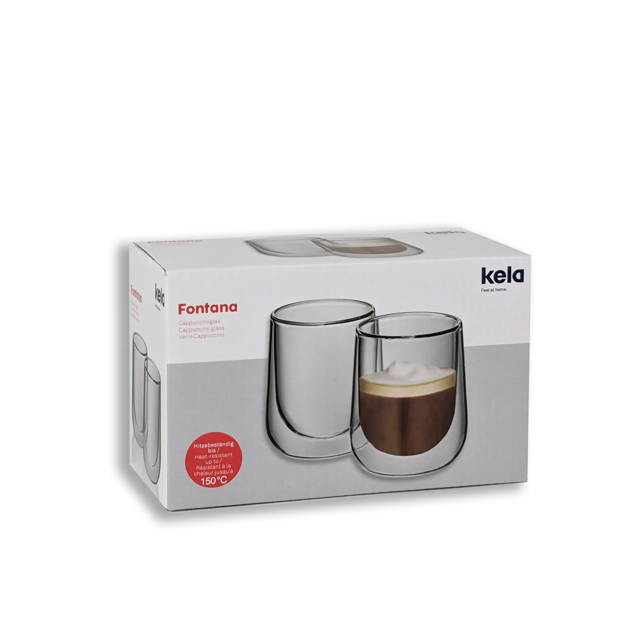 Kela Fontana Cappuccinogläser doppelwandig hitzebeständig 150°C Kela Fontana Cappuccinogläser Set, zwei doppelwandige Gläser in Verpackung, hitzebeständig bis 150°C