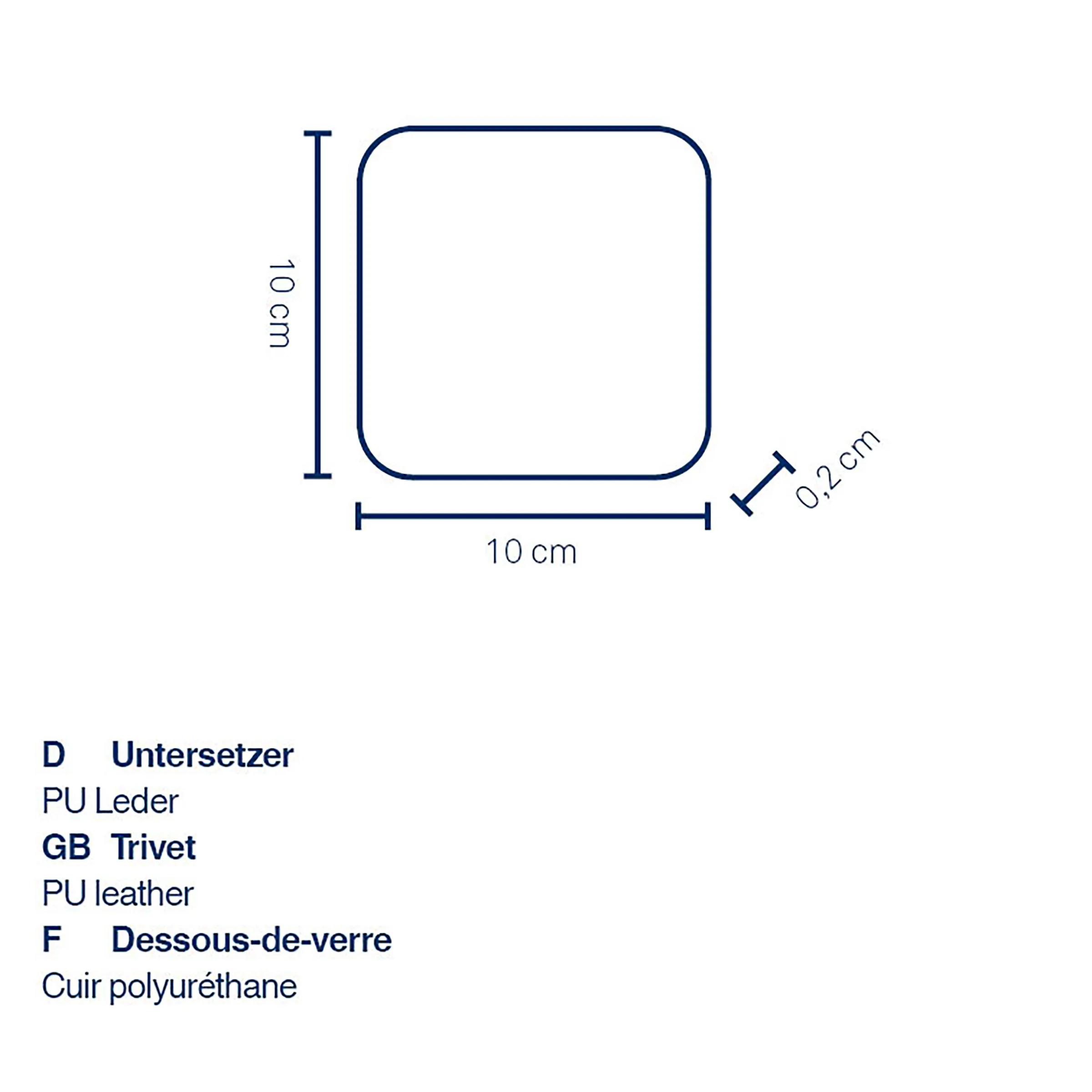 PU Leder Untersetzer 10x10 cm - Trivet Untersetzer mit Maßangaben: 10 cm Breite, 10 cm Höhe, 0,2 cm Kantenradius. Material PU-Leder mit Trivet-Unterseite.