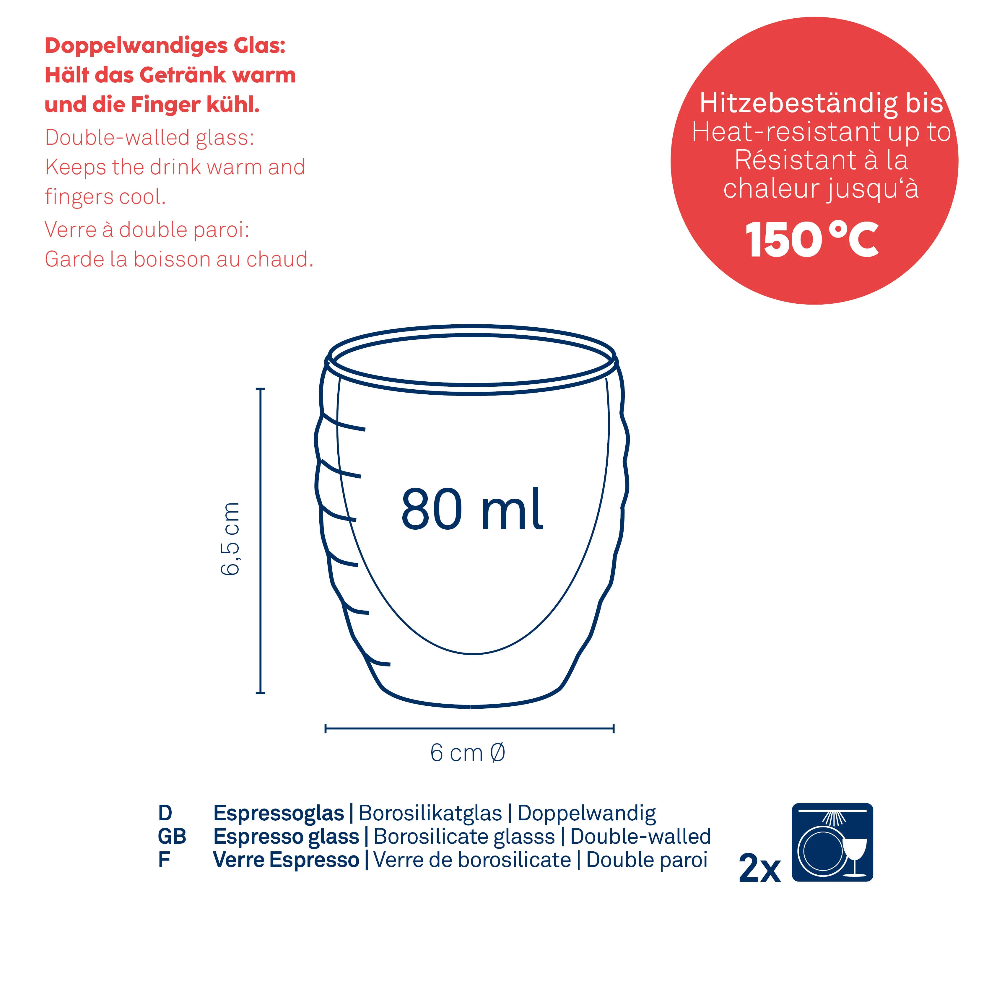 Doppelwandiges Espressoglas 80 ml - Borosilikatglas Doppelwandiges Espressoglas mit 80 ml Inhalt, 6 cm Durchmesser, 6,5 cm Höhe. Hitzebeständig bis 150°C.