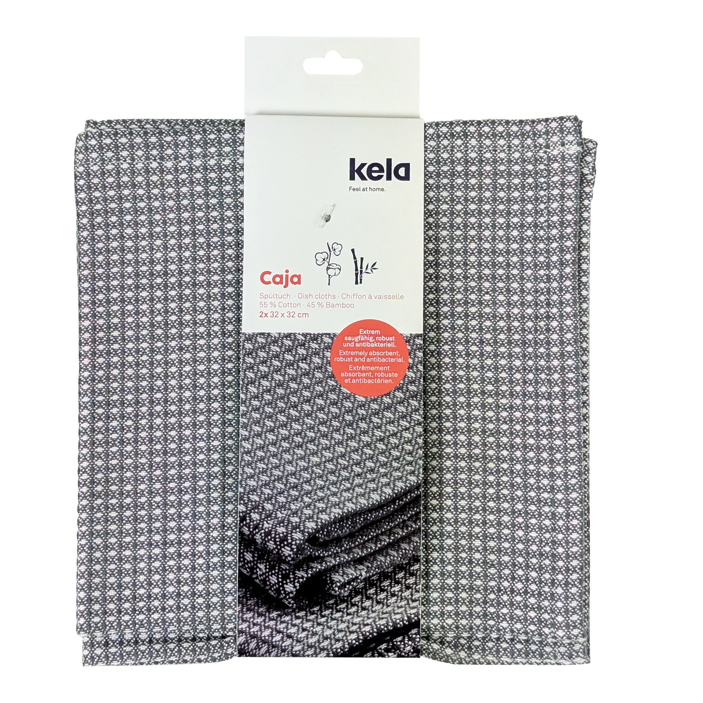 Kela Caja Spültücher 2er-Set Baumwolle Bambus antibakteriell grau Kela Caja Spültücher 2er-Set, graues Houndstooth-Muster, 55% Baumwolle 45% Bambus, antibakteriell