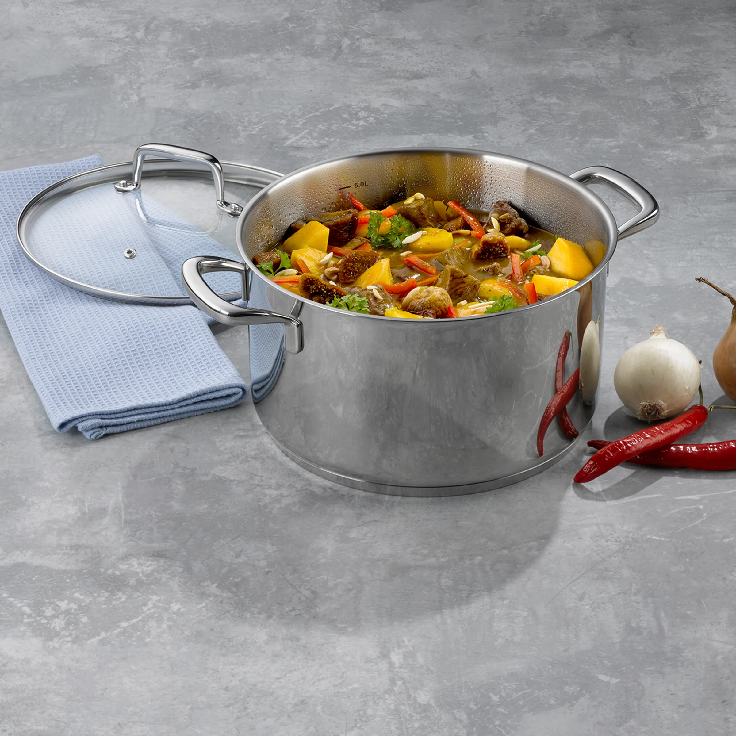 Edelstahl Kochtopf mit Gemüseeintopf Rezept Großer Edelstahl-Kochtopf mit Deckel gefüllt mit Gemüseeintopf, daneben Zwiebel und rote Chilischoten auf grauem Untergrund