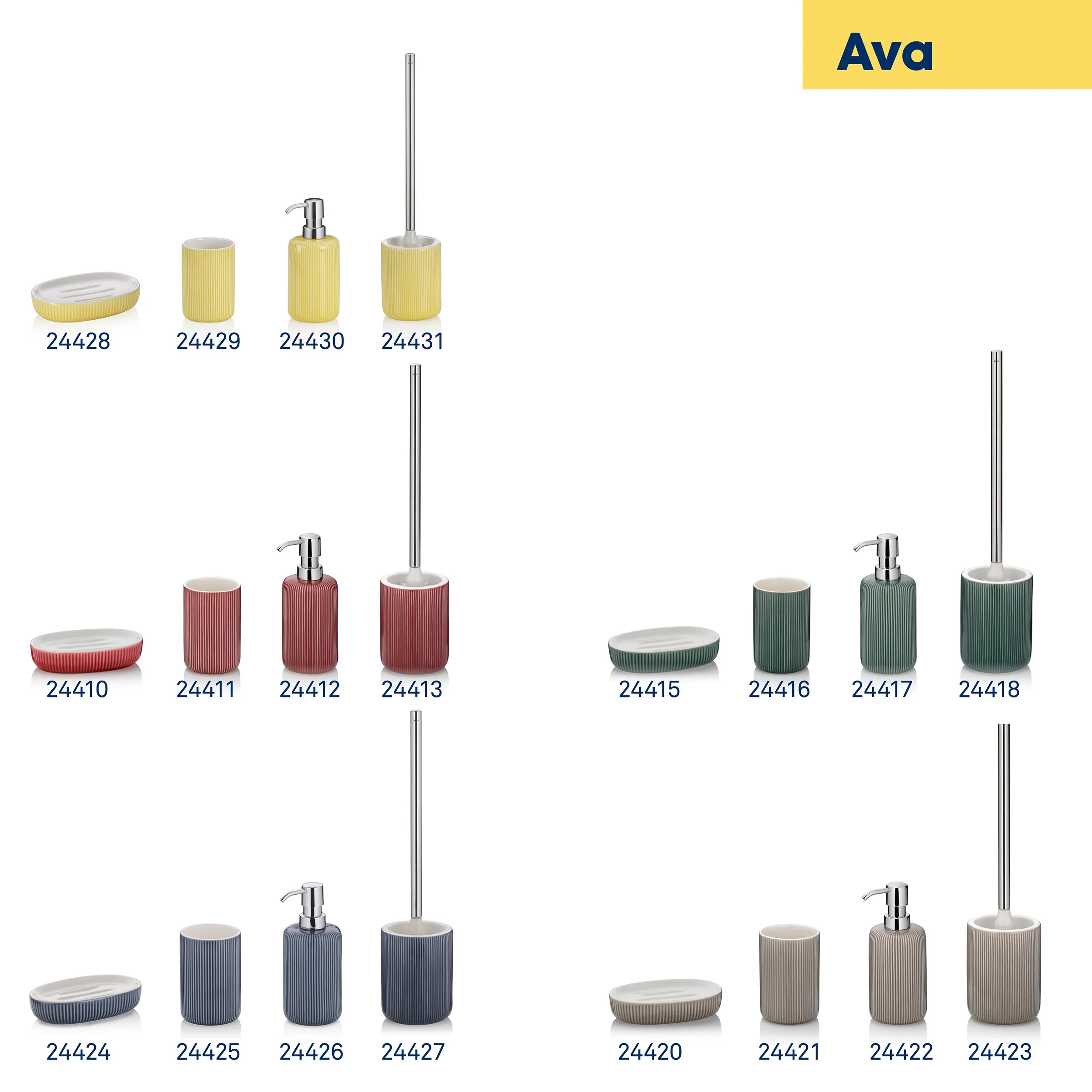 Ava Badezimmer-Accessoire-Set mit gerillter Oberfläche - Seifenspender, WC-Bürste, Zahnputzbecher Ava Badezimmer-Accessoire-Set in vier Farben: Gelb, Rot, Grün, Blau und Beige mit gerillter Oberfläche