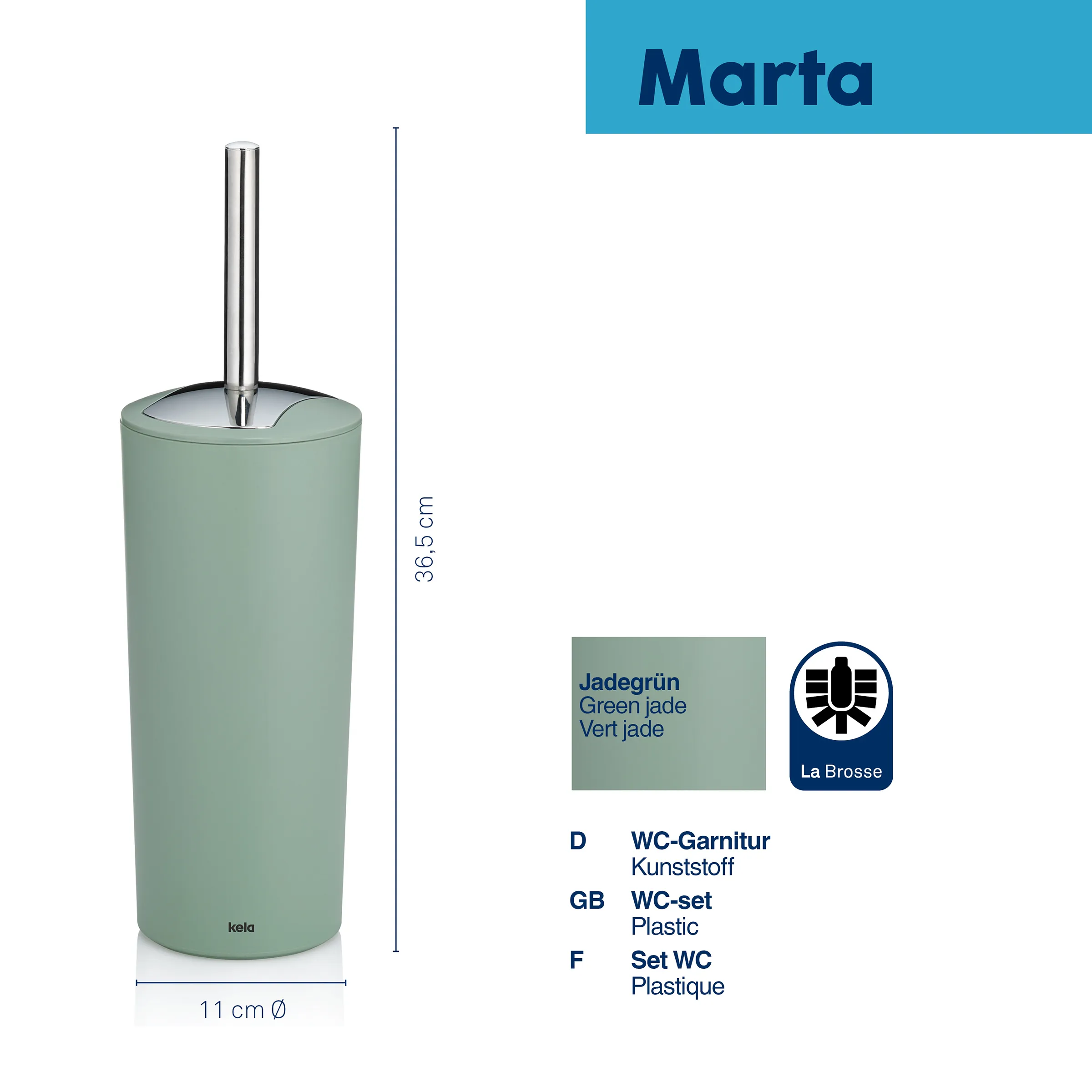 Marta WC-Bürste Jadegrün - moderne Toilettenbürste von Kela Kela Marta WC-Bürste in Jadegrün, 36,5 cm hoch, Ø 11 cm, mit Kunststoffgarnitur und Edelstahlstab