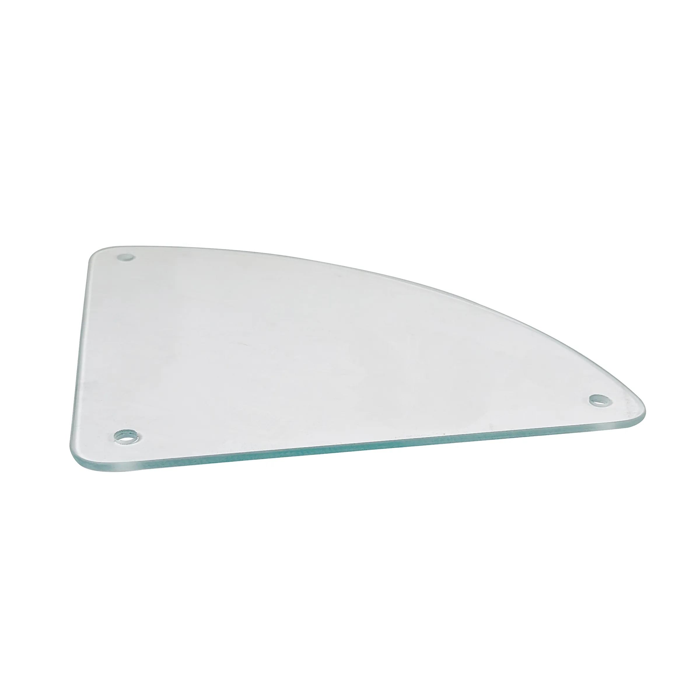 Dreieckige Glasplatte - modernes Glastablett Dreieckige Glasplatte aus transparentem Glas mit abgerundeten Kanten und drei Befestigungslöchern