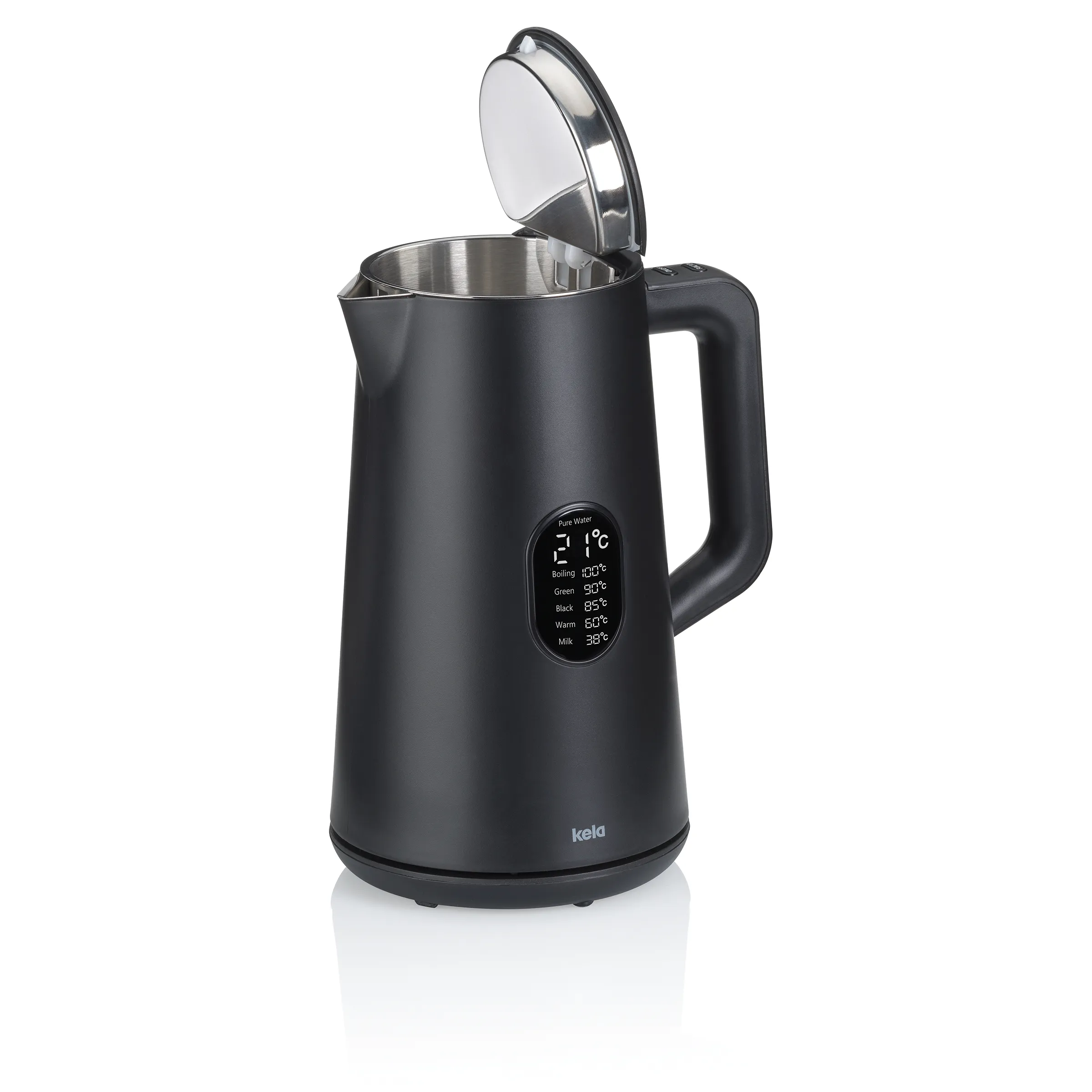 Digitaler Wasserkocher mit Temperaturregelung Kela Schwarzer Wasserkocher Kela mit digitaler Temperaturanzeige und Edelstahl-Innenbehälter, Deckel geöffnet