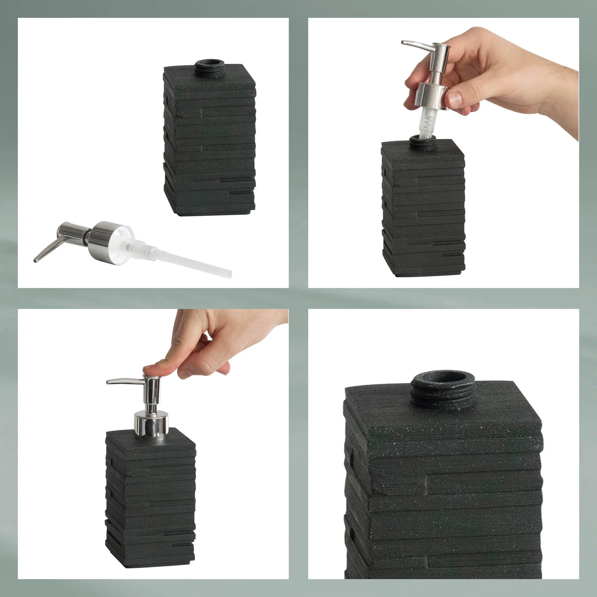 Seifenspender Schwarz Steinoptik - Badezimmer Accessoire mit Chrompumpe Schwarzer Seifenspender mit Steinoptik und Chrompumpe in verschiedenen Ansichten, Hand drückt Pumpe
