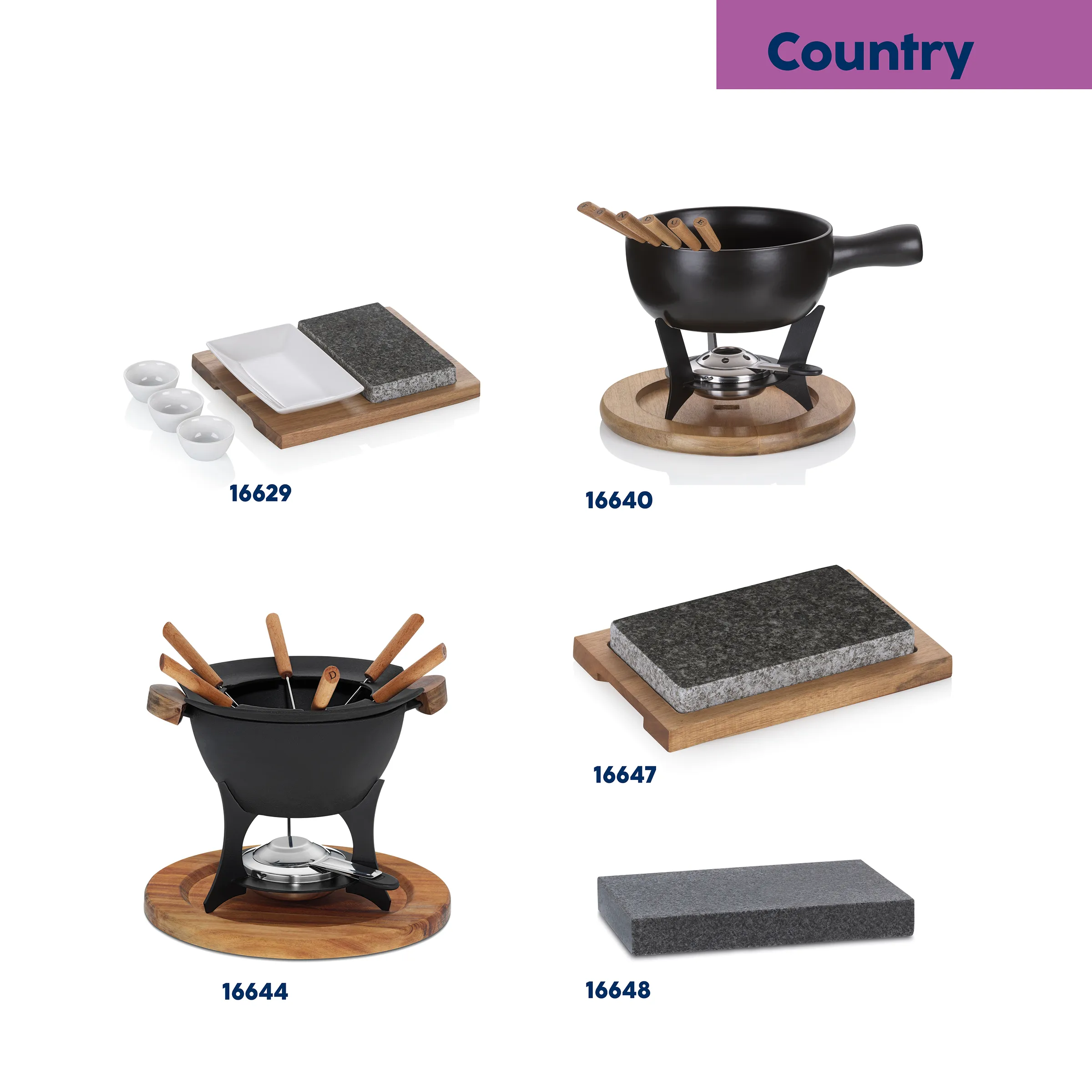 Country Fondue-Sets und Grillsteine - Kochgeschirr mit Holz und Granit Country Kollektion mit Fondue-Sets, Grillsteinen auf Holzbrett und Granit-Grillsteinen für die Küche