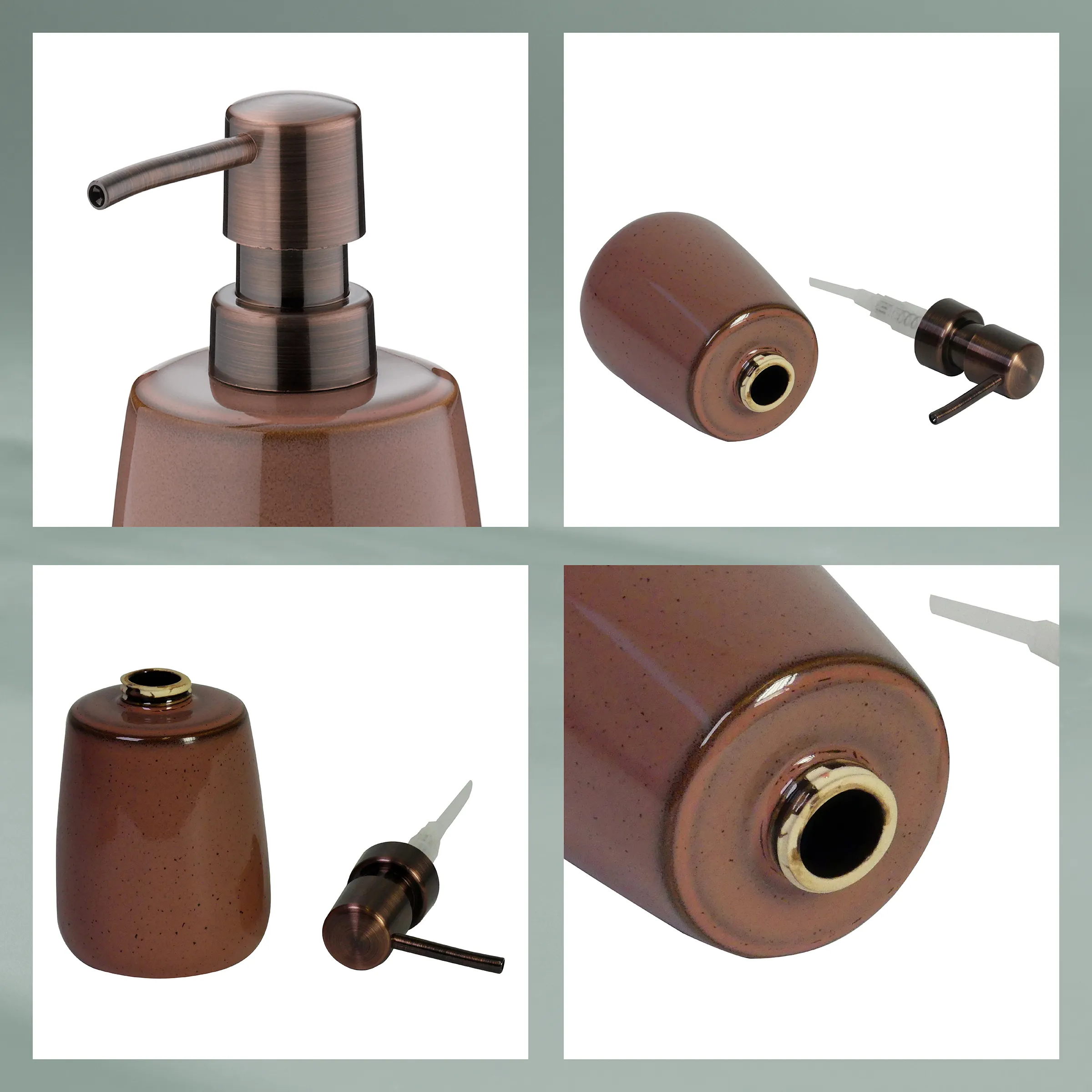 Keramik Seifenspender braun bronze - Badaccessoire Braune Seifenspender-Set mit vier Ansichten: Gesamtansicht, Pumpkopf-Detailansicht, Flasche mit Pumpvorrichtung und Verschlussdetail mit goldenem Ring.