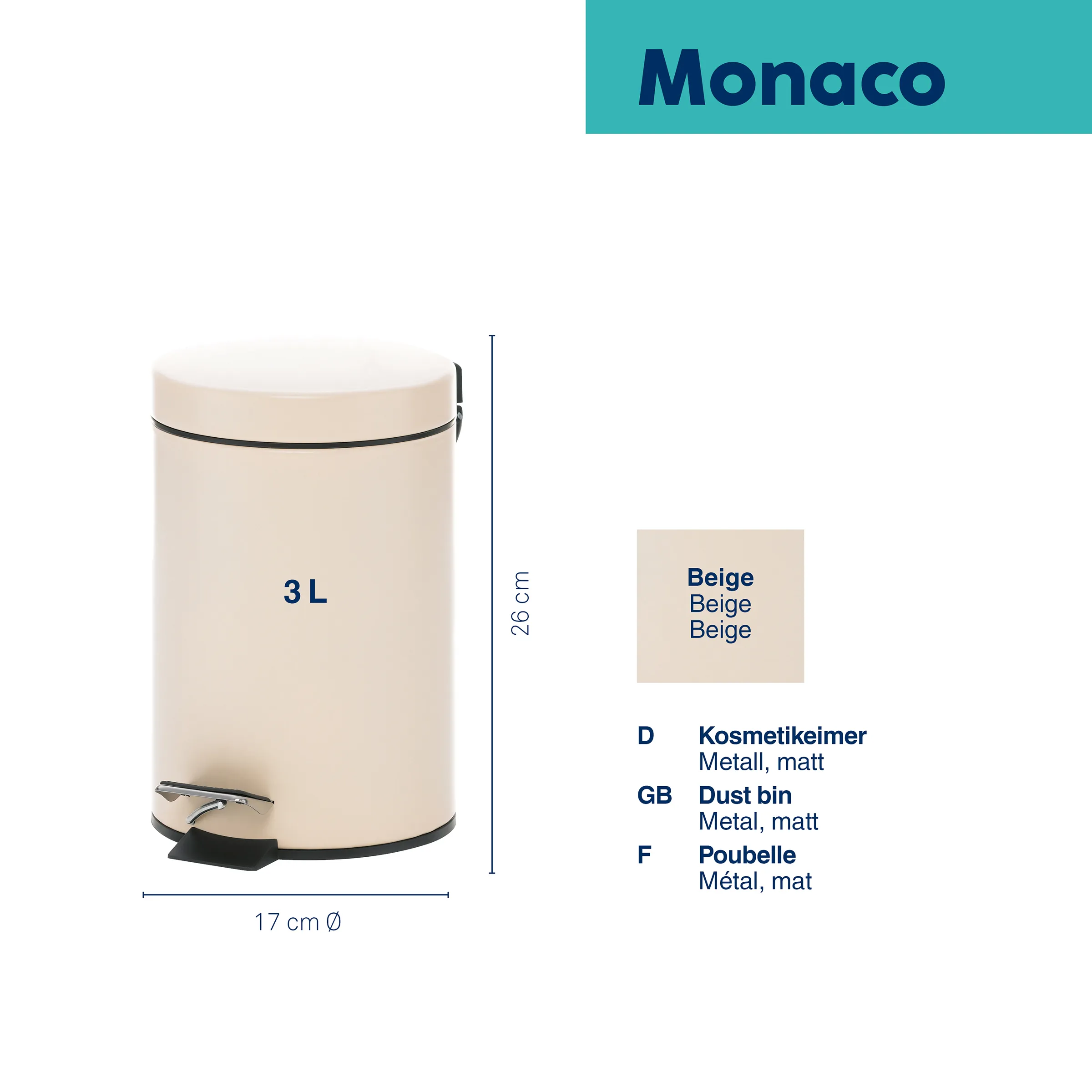 Monaco Kosmetikeimer 3L Beige matt Metall Treteimer Badezimmer Monaco Kosmetikeimer 3L in Beige, matt, 26 cm hoch, 17 cm Durchmesser, Tretmechanismus, Metall