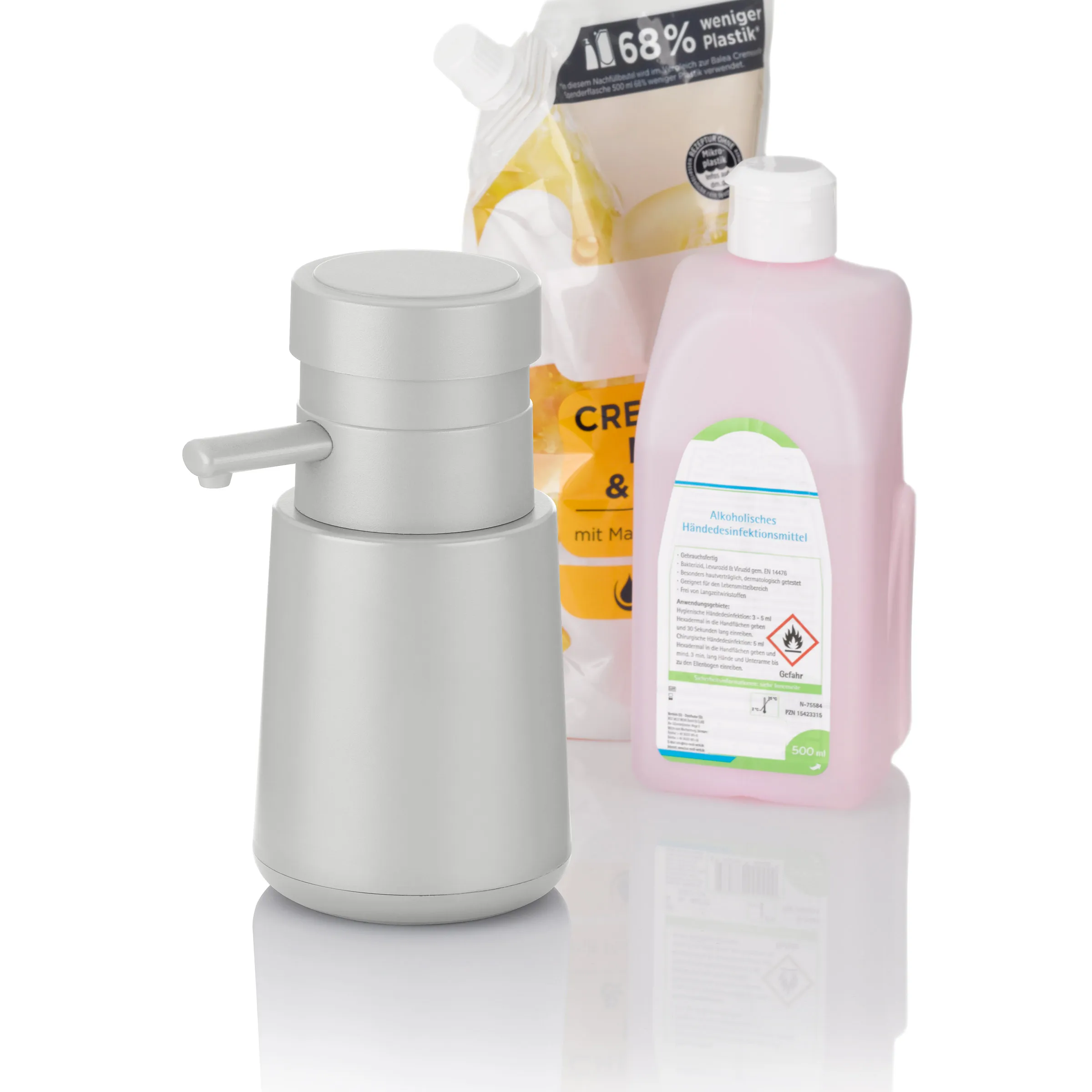 Seifenspender mit Desinfektionsmittel und Nachfüllpackung für Hygiene im Haushalt