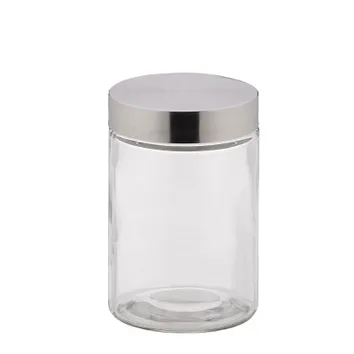 Transparente Vorratsdose aus Glas mit silbernem Metalldeckel, zylindrische Form, leeres Behältnis
