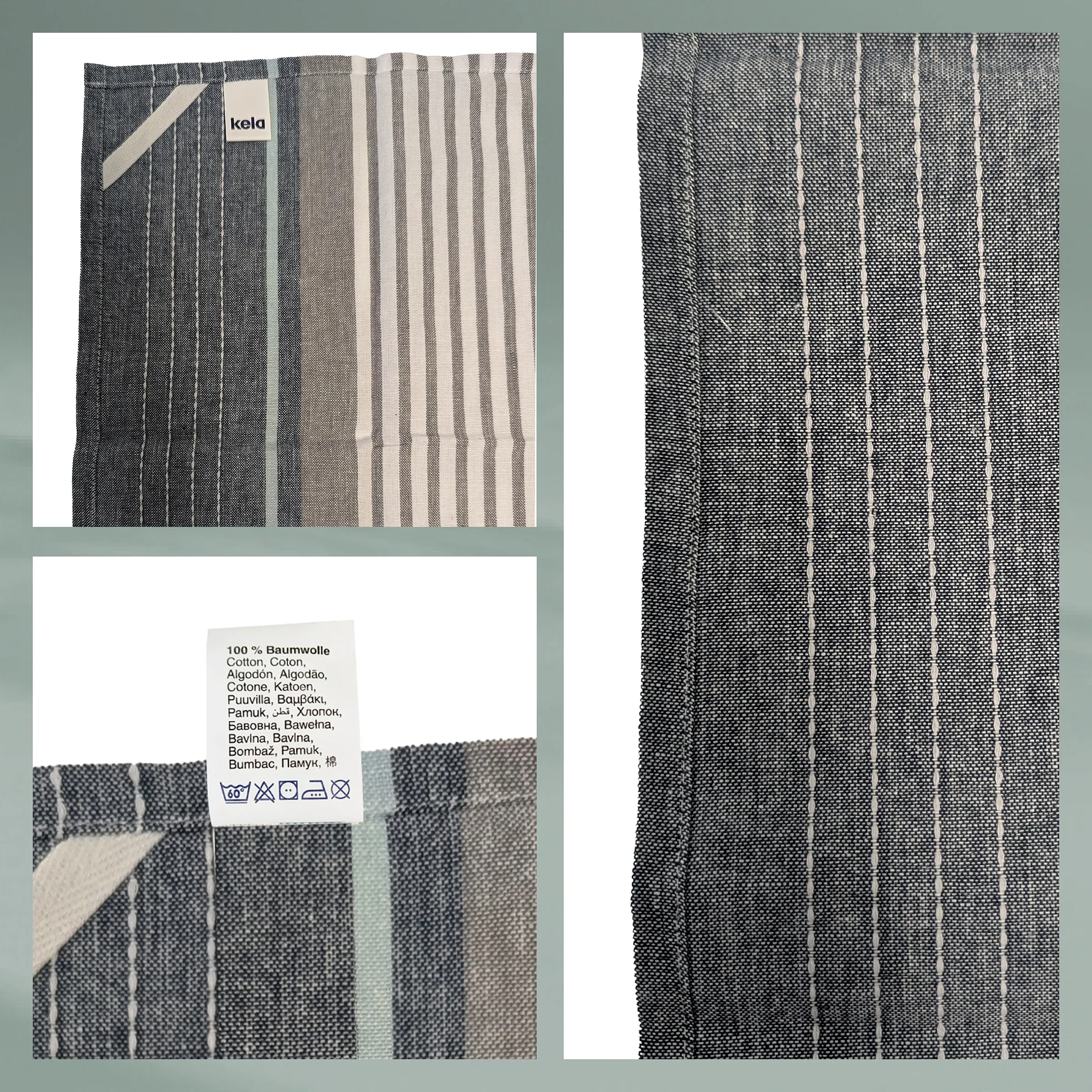 Kela Baumwoll-Stoff Streifen Muster grau beige Kela Baumwoll-Stoffmuster mit vertikalen Streifen in Grau-, Beige- und Cremetönen. 100% Baumwolle mit Pflegeetikett.