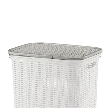 Weißer Wäschekorb mit grauem Deckel und Rattanoptik, Kunststoff-Aufbewahrungsbox mit Lochung