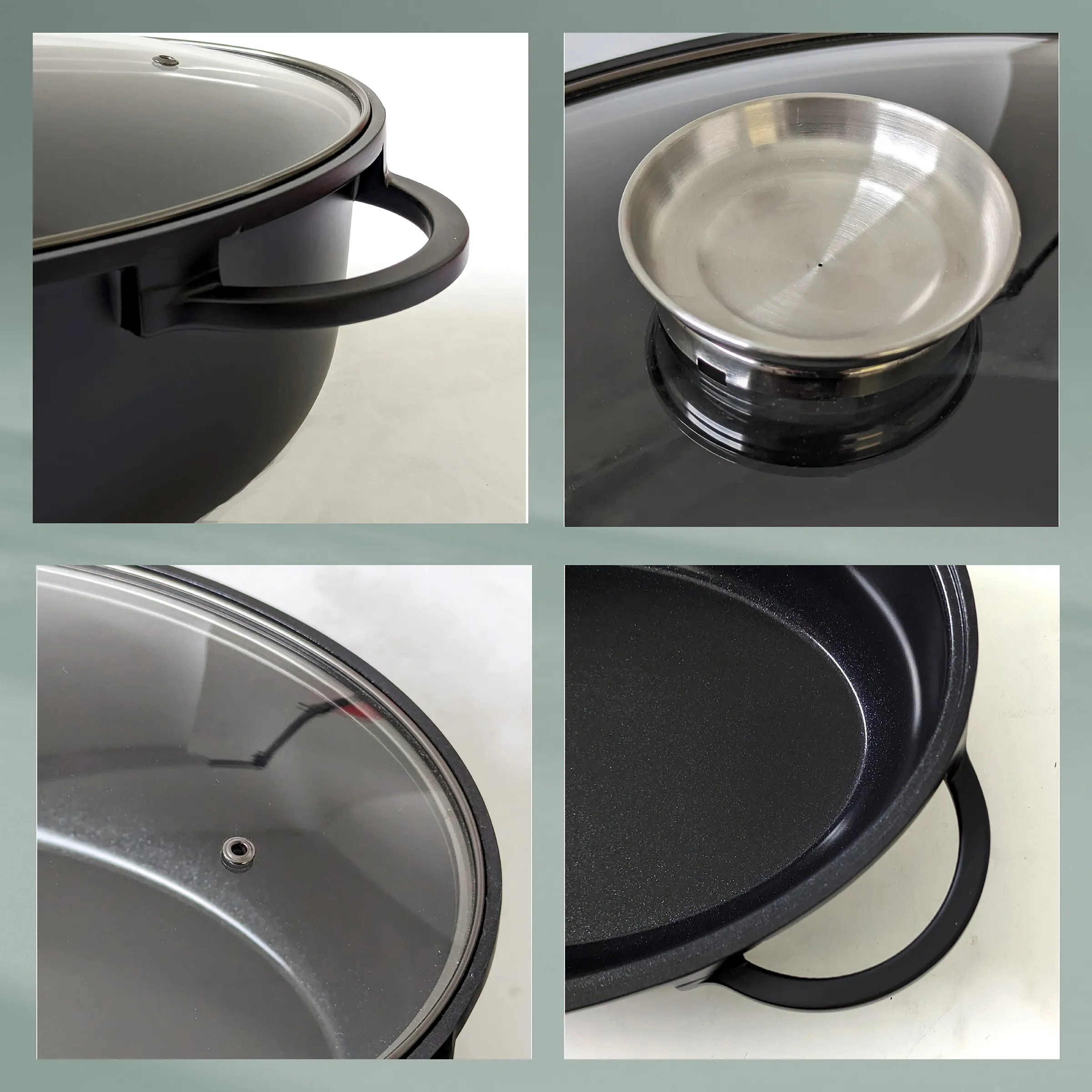 Antihaft-Kochtopf mit Glasdeckel und Edelstahl-Innentopf, schwarze Beschichtung Kochtopf-Set mit Glasdeckel und Edelstahlinnenseite, schwarz beschichtet, vier Detailansichten