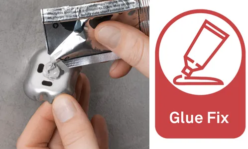 Glue Fix Klebstoff Applikator - Präzisions-Klebstoffauftrag Hand führt Tube mit Klebstoff in Halter ein, rechts Symbol mit Klebstoff-Icon und "Glue Fix" Text