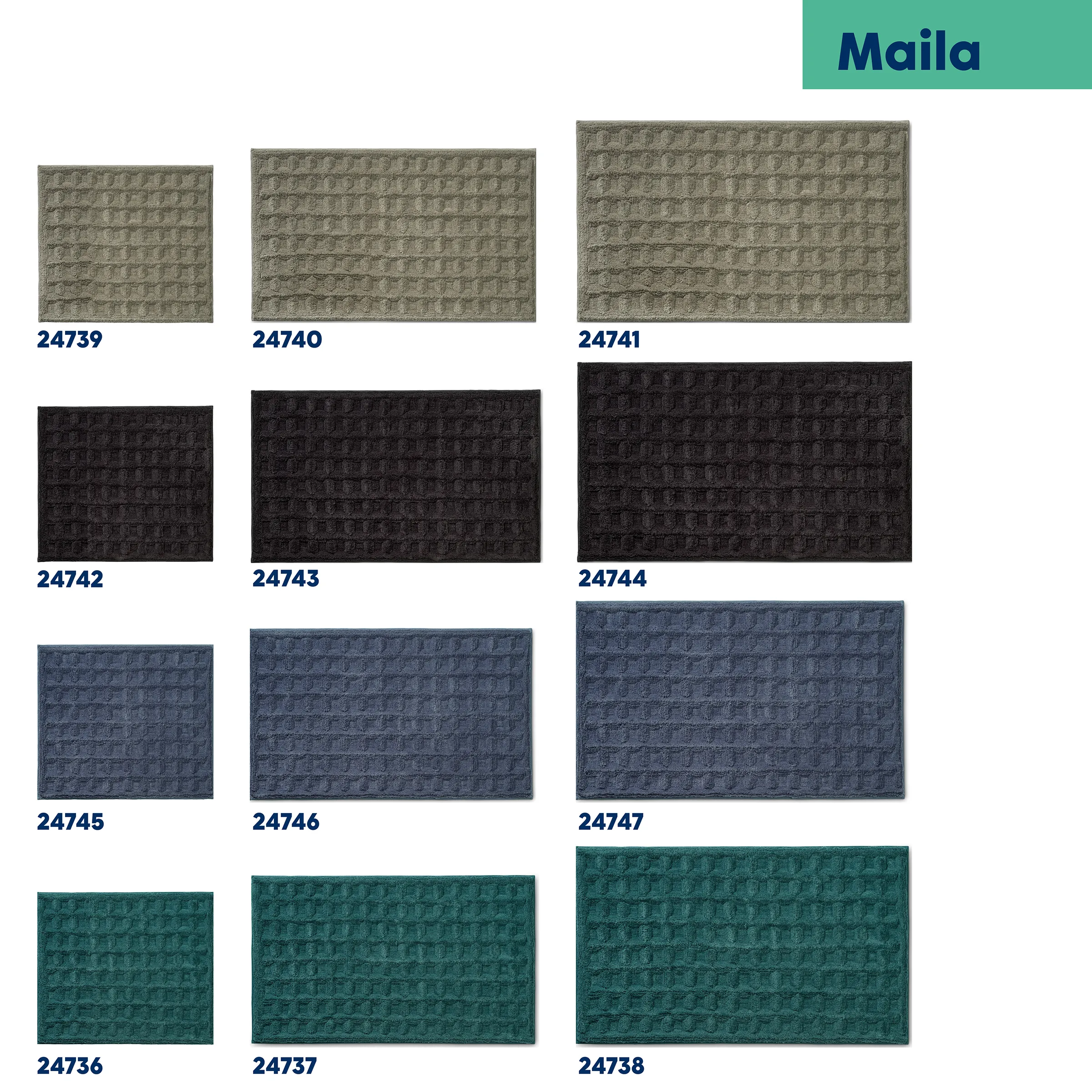 Maila Polsterstoff Kollektion - Premium Möbelstoffe Maila Kollektion: Neun Stoffmuster in Grau, Schwarz, Blau und Grün mit verschiedenen Größen und Nummern.