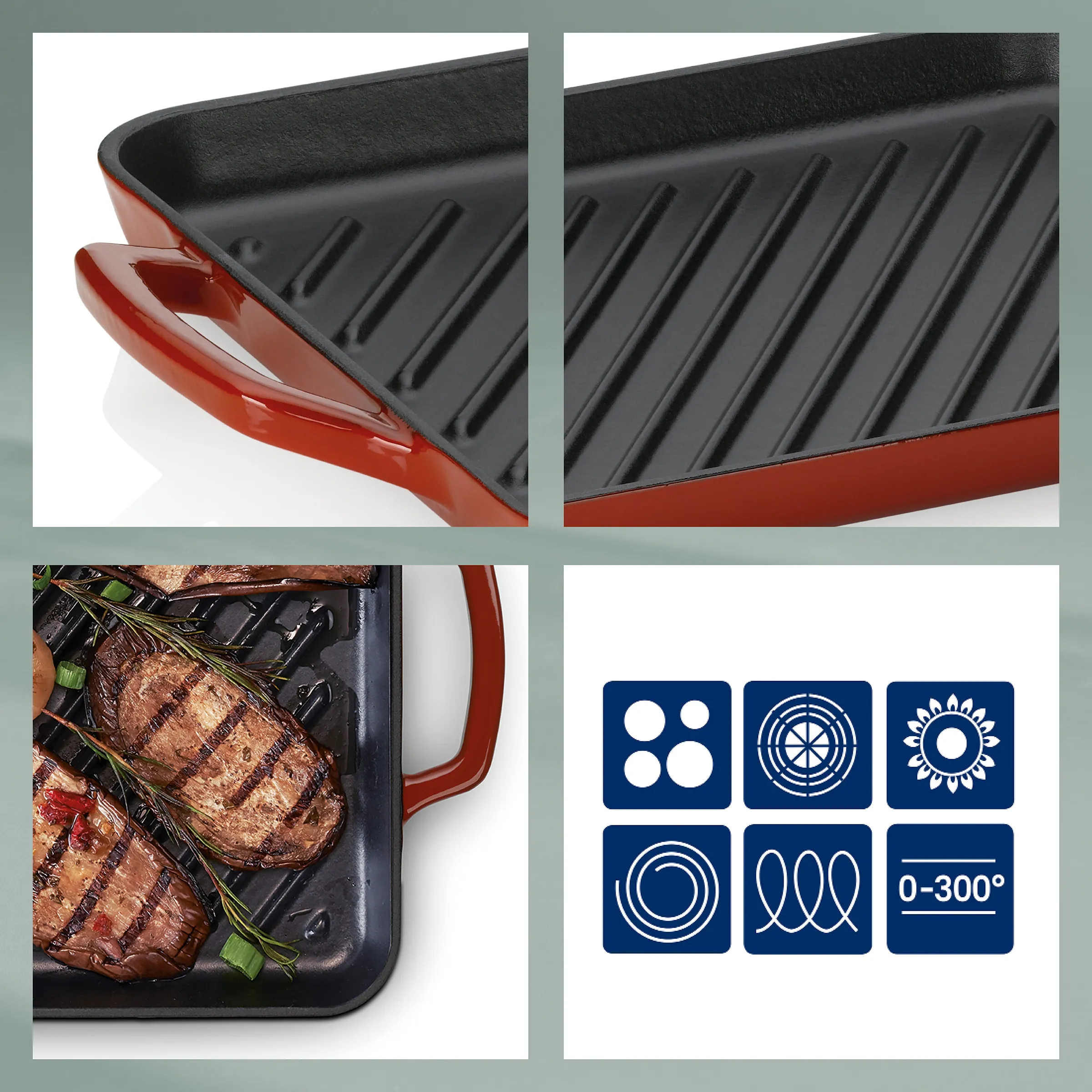 Grillpfanne mit rotem Griff, gerillter Antihaftbeschichtung und Steaks, kompatibel mit allen Herdarten