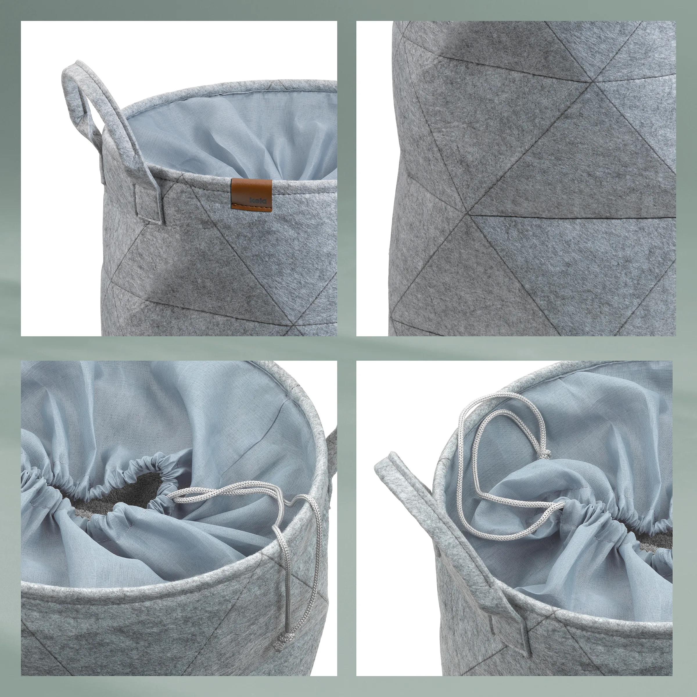 Filz Aufbewahrungsbox mit Lederelementen Graue Filz-Aufbewahrungsbox mit Lederschlaufe, Zugband und gestepptem Design, mehrere Ansichten