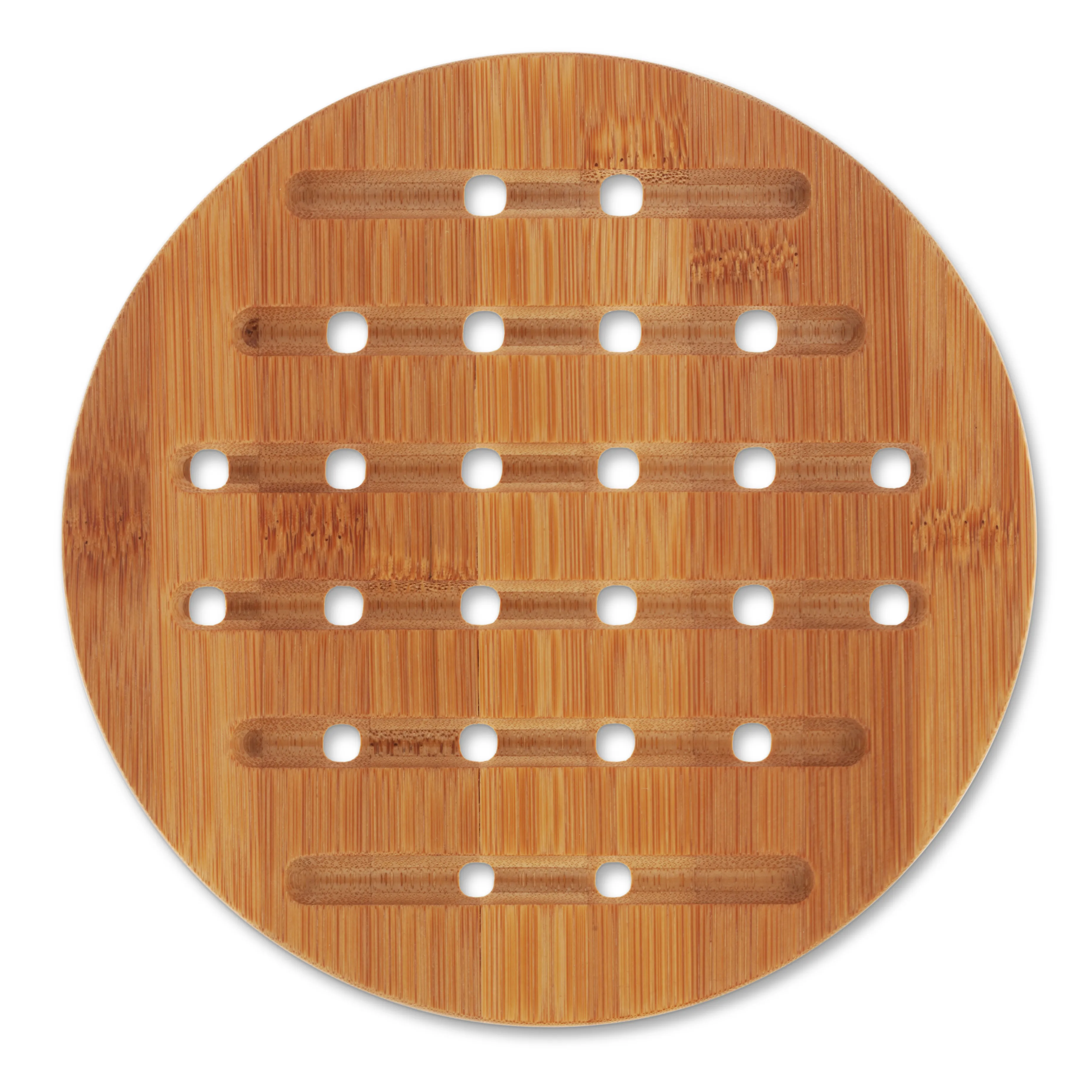 Dessous de plat rond en bambou avec six rangées de trous perforés pour casseroles et poêles sur fond blanc